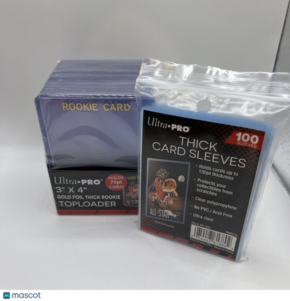 Ultra Pro 3X4 Gold Rookie 75pt Toploaders 1 Pack of 25 AND 100 THICK SLEEVES
