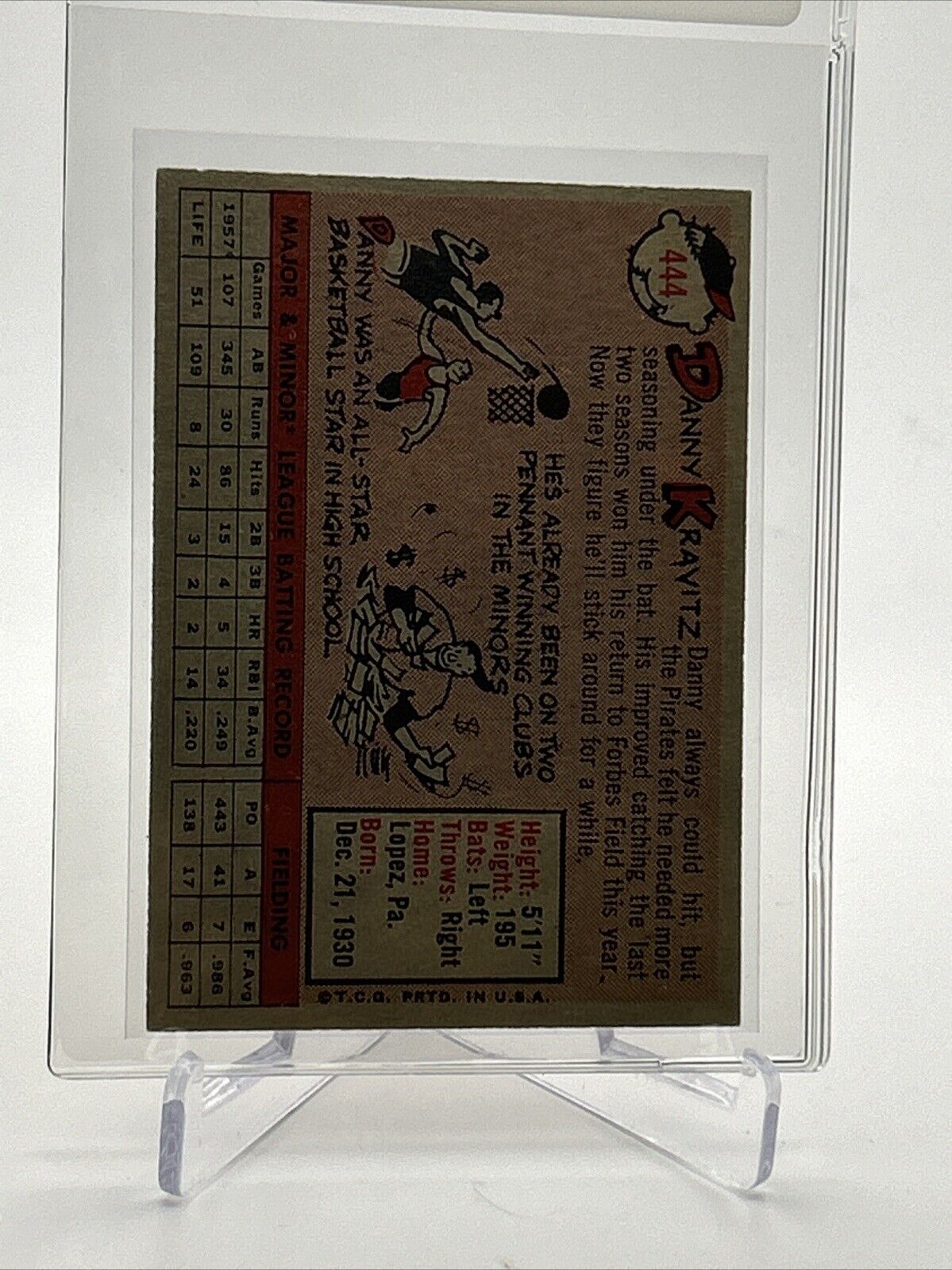 1958 Topps Danny Kravitz Baseball Card #444 EX Quality #3 FREE SHIPPING