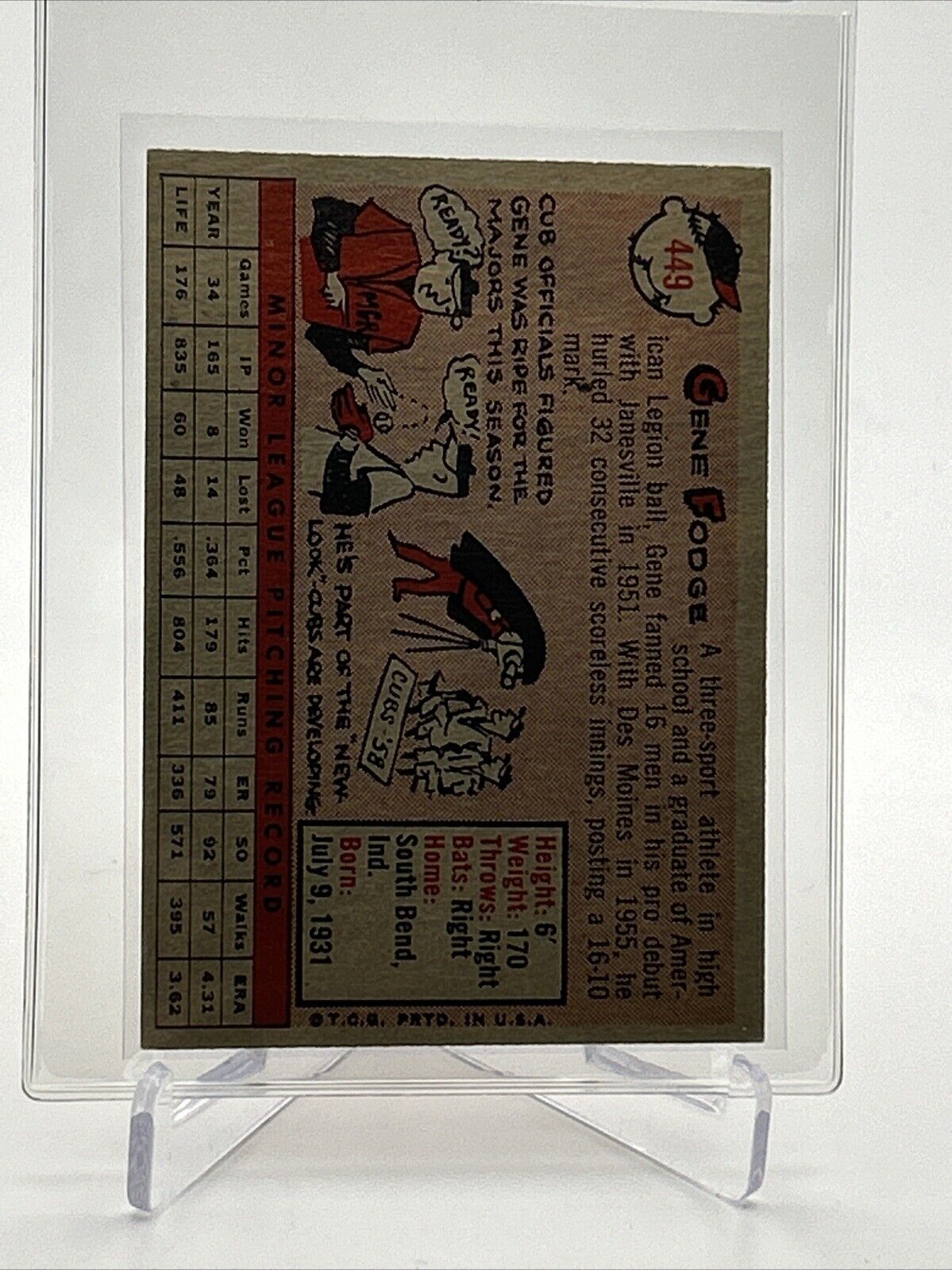 1958 Topps Gene Fodge Rookie Baseball Card #449 EX-MT Quality #2 FREE SHIPPING