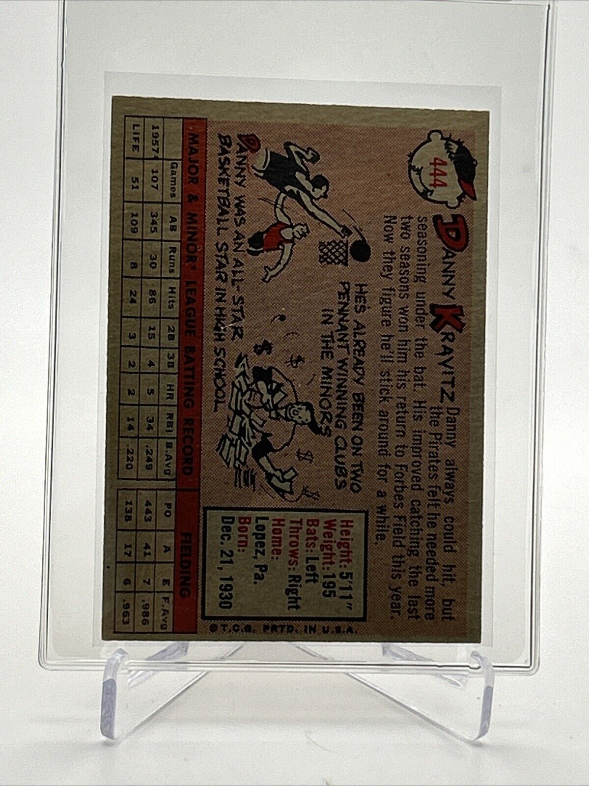 1958 Topps Danny Kravitz Baseball Card #444 EX-MT Quality #2 FREE SHIPPING