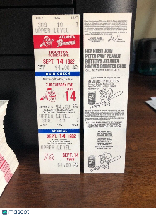 1982 Atlanta Braves vs Houston Astros 9/14/82 Ticket Fulton County Stadium