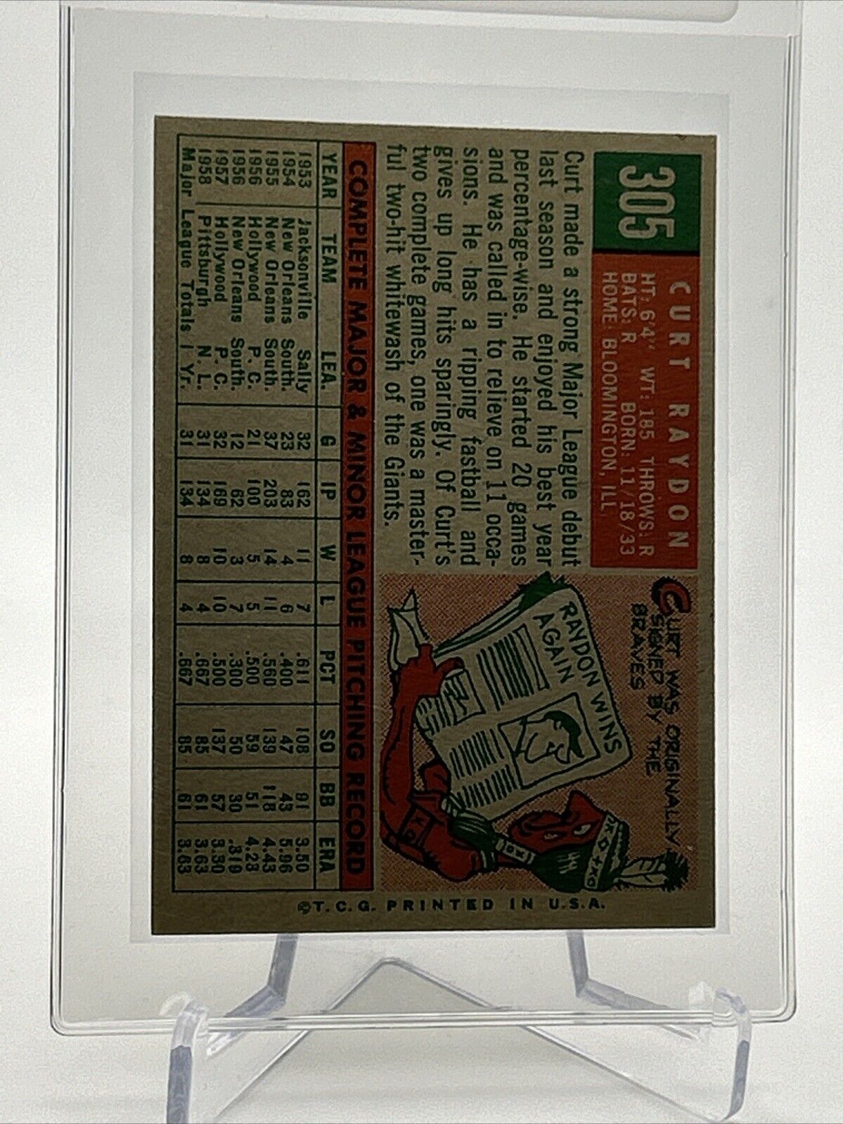 1959 Topps Curt Raydon Baseball Card #305 EX Quality FREE SHIPPING