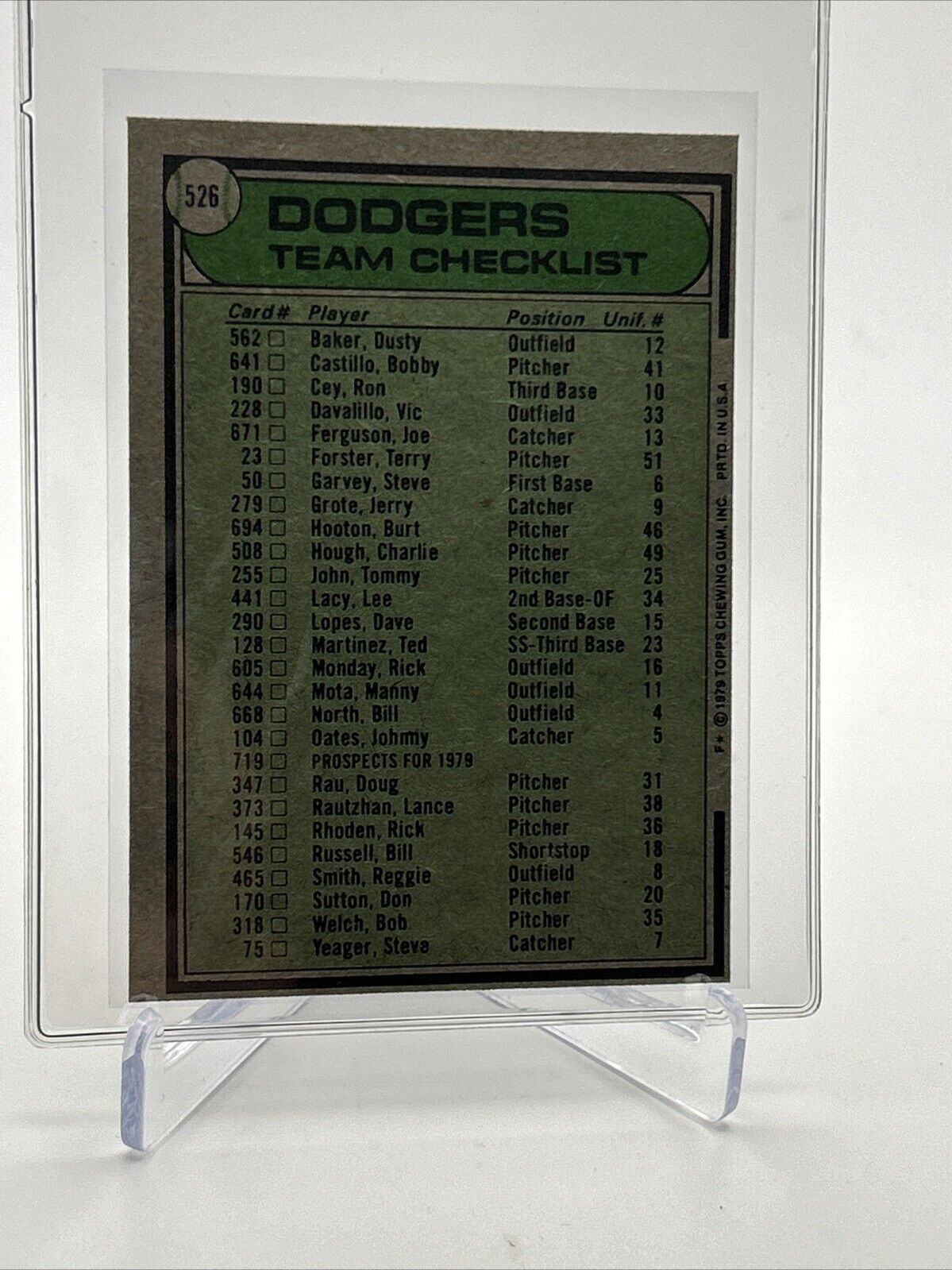 1979 Topps Los Angeles Dodgers/Tom Lasorda Card #526 NM #2 FREE SHIPPING