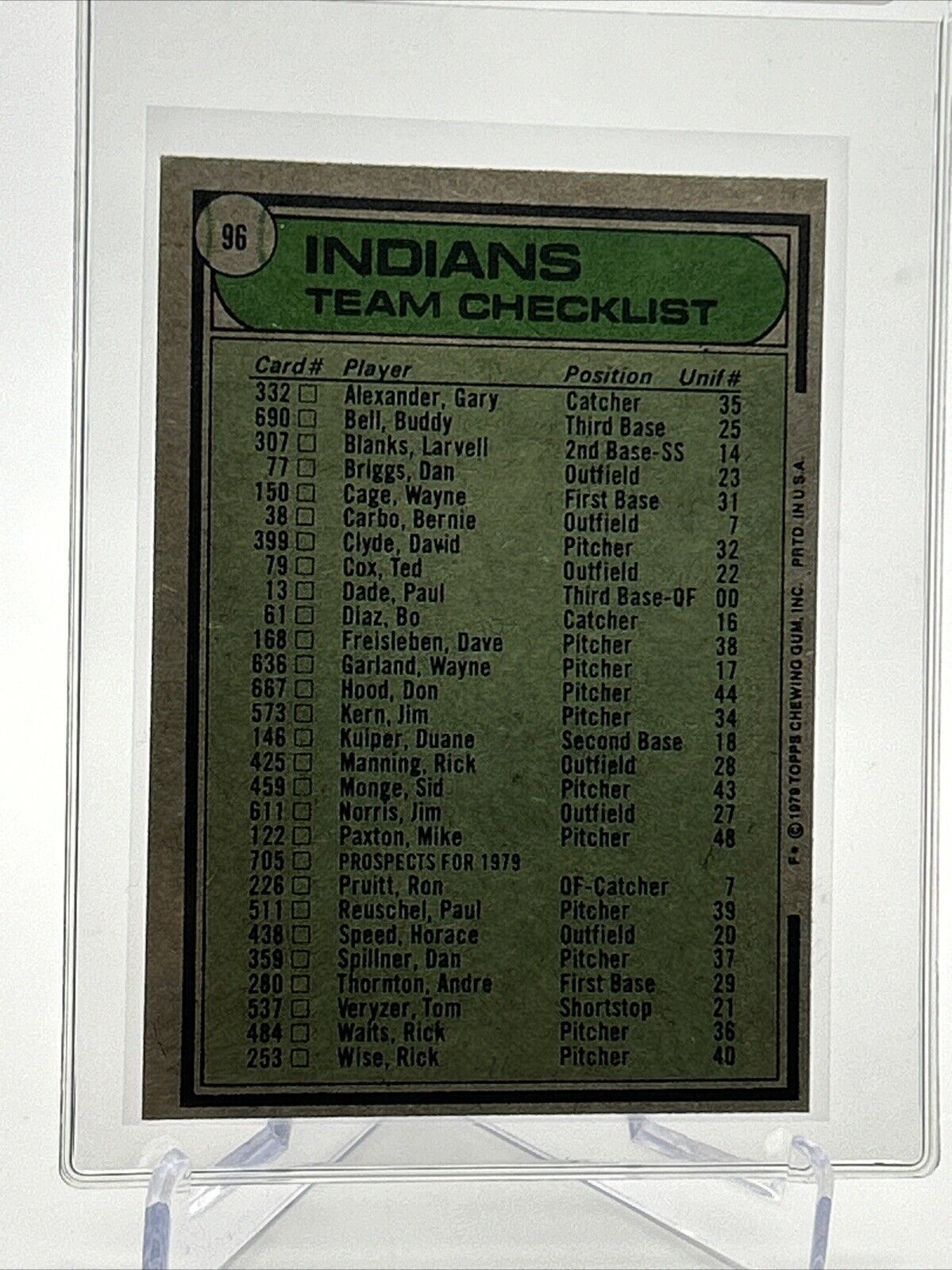 1979 Topps Cleveland Indians/Jeff Torborg Card #96 NM #2 FREE SHIPPING