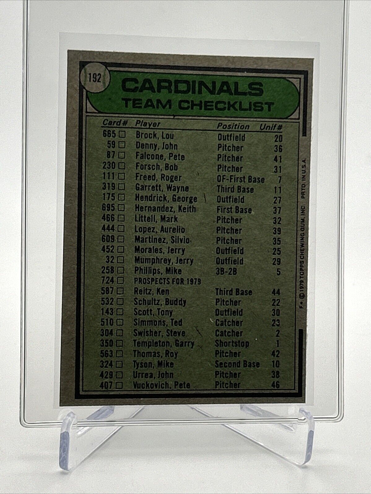 1979 Topps St. Louis Cardinals/Ken Boyer Card #192 NM #2 FREE SHIPPING