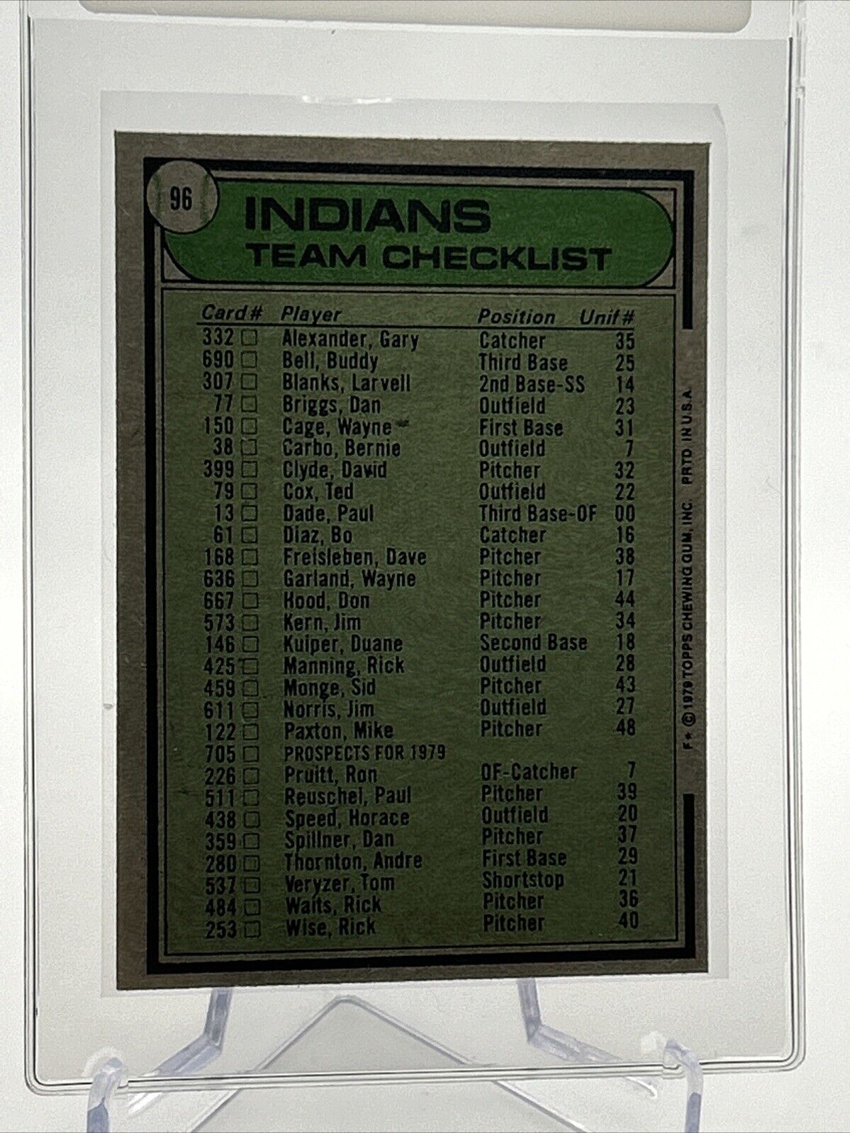 1979 Topps Cleveland Indians/Jeff Torborg Card #96 Near Mint FREE SHIPPING