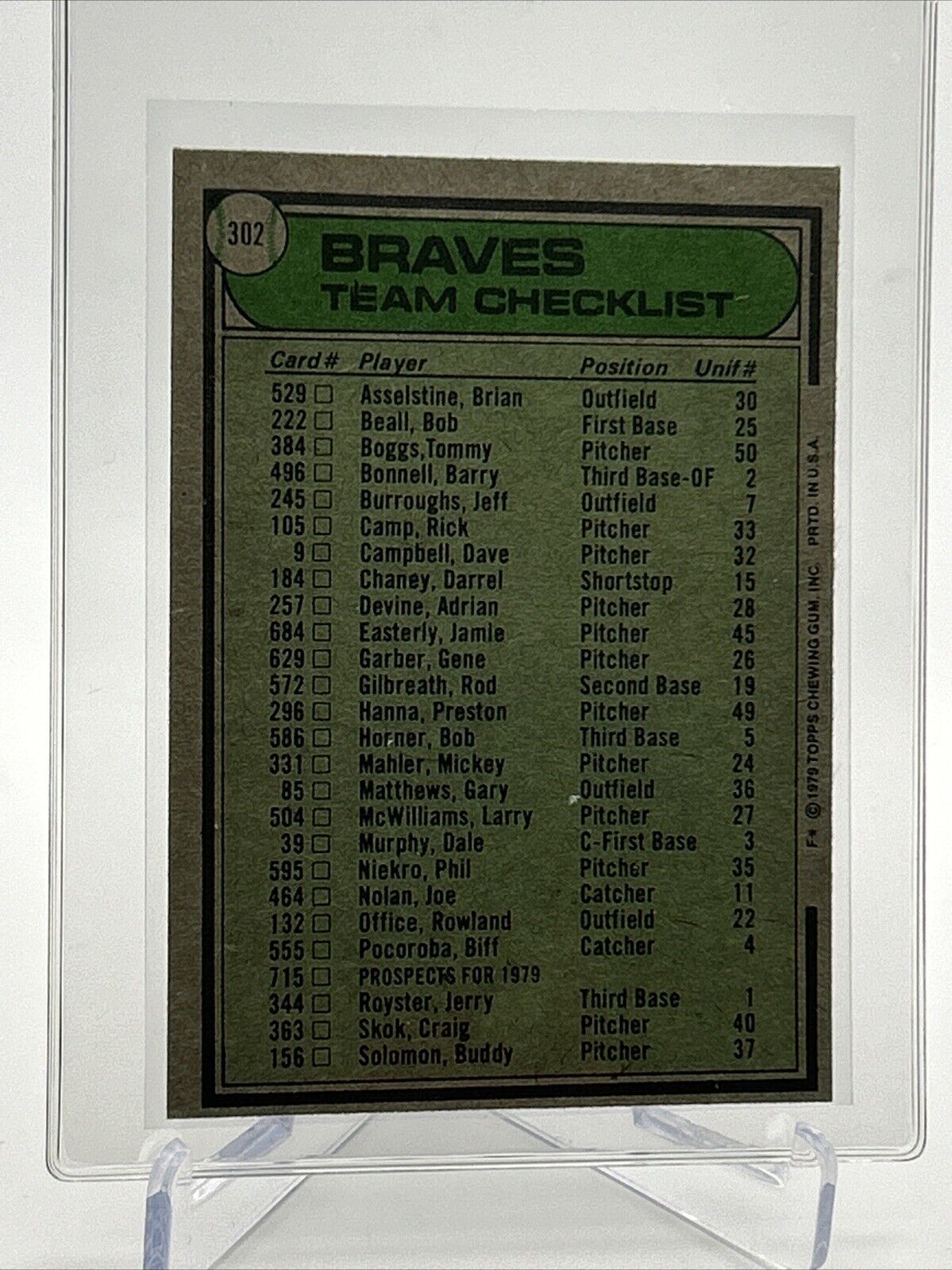 1979 Topps Atlanta Braves/Bobby Cox Baseball Card #302 NM #3 FREE SHIPPING