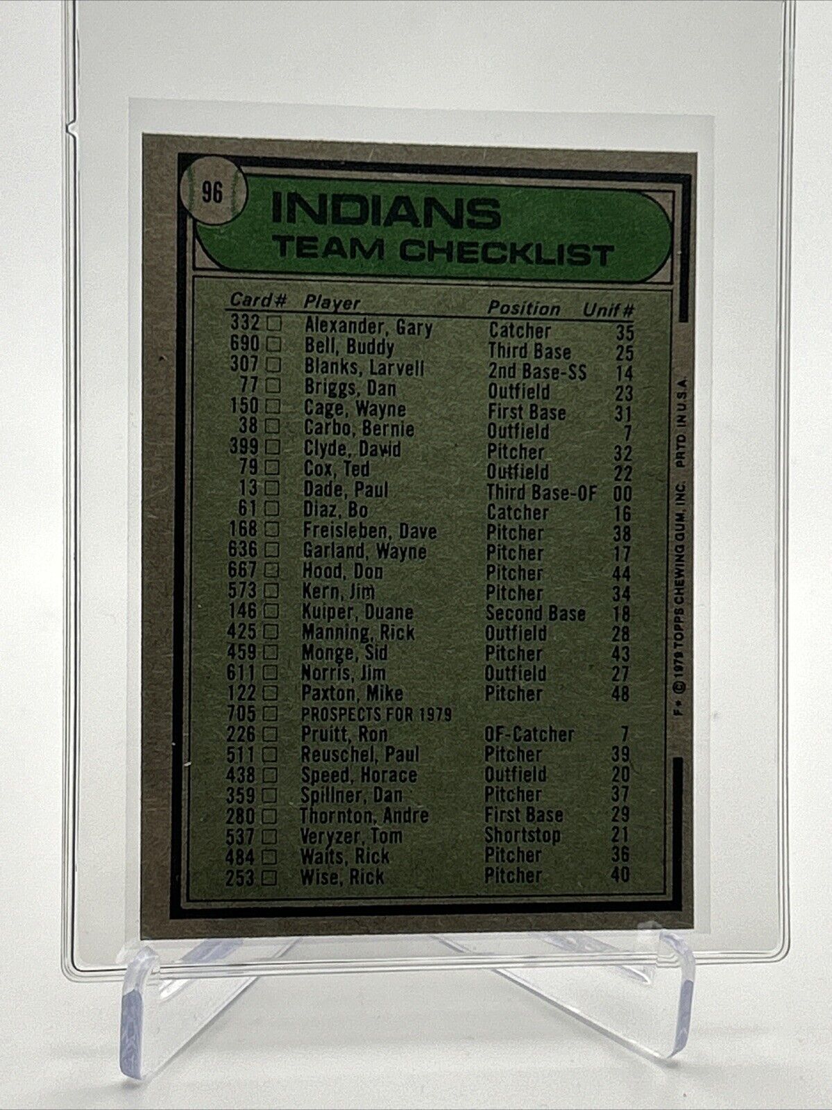 1979 Topps Cleveland Indians/Jeff Torborg Card #96 NM #4 FREE SHIPPING