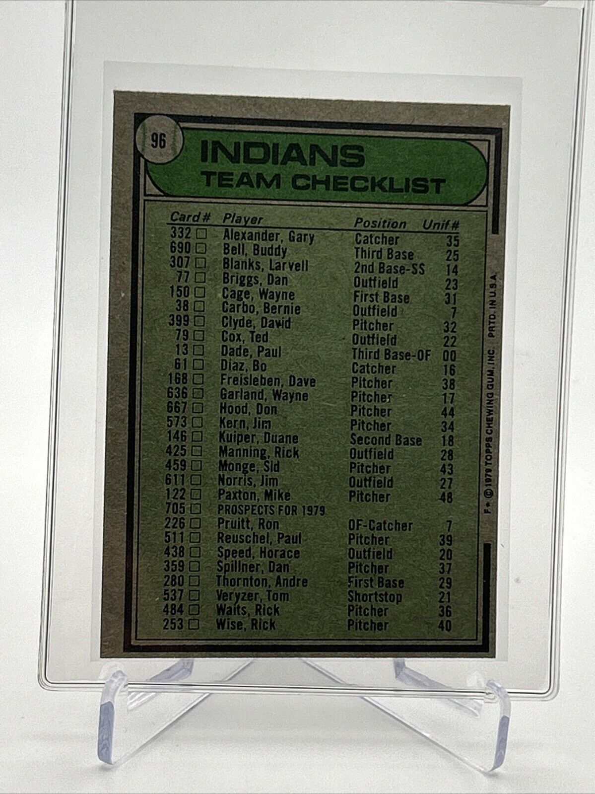 1979 Topps Cleveland Indians/Jeff Torborg Card #96 NM #3 FREE SHIPPING