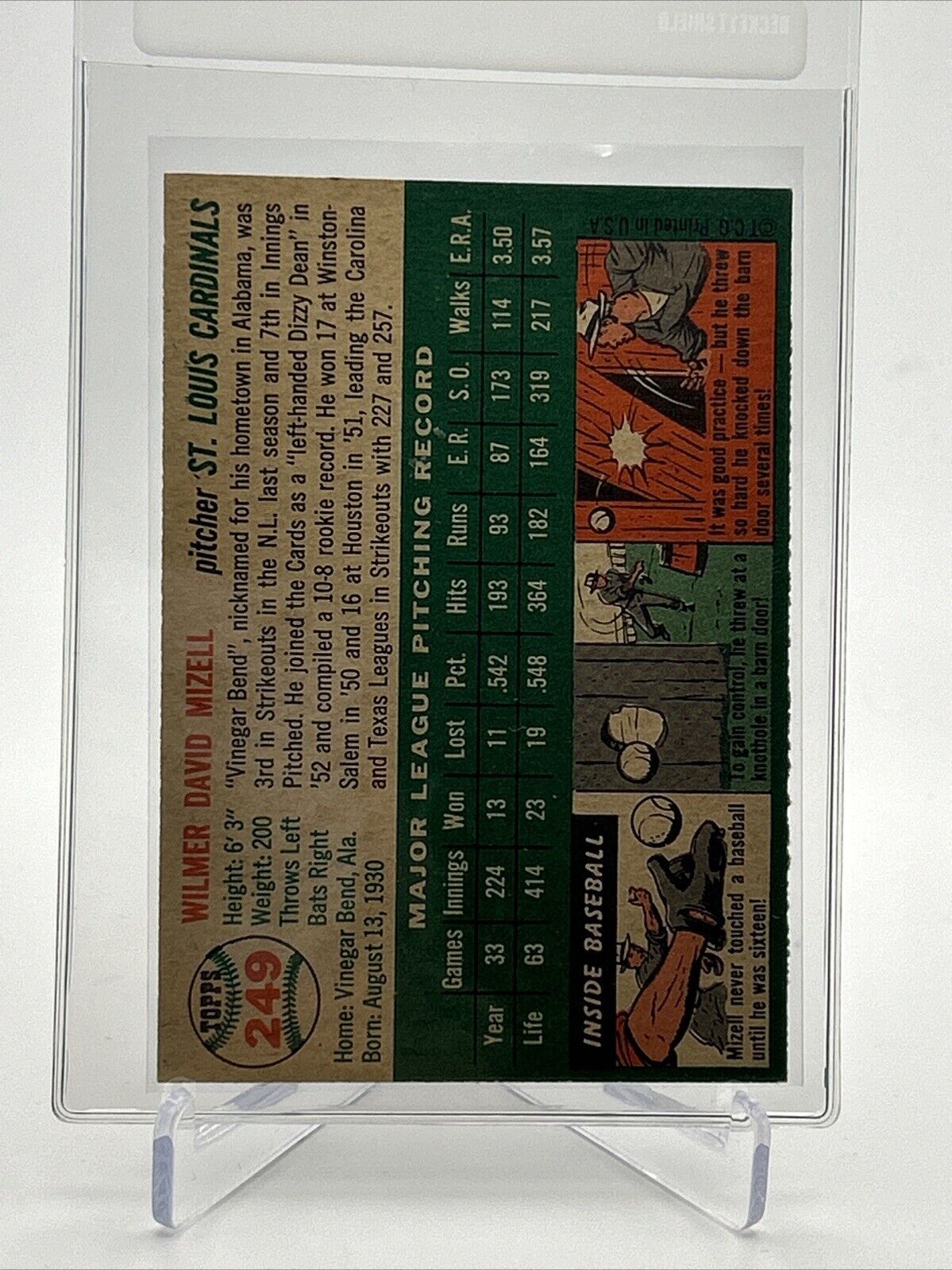 1954 Topps Wilmer Mizell Baseball Card #249 VG-EX Quality #2 FREE SHIPPING