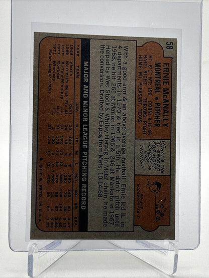 1972 Topps Ernie McAnally Baseball Card #58 EX Quality #2 FREE SHIPPING