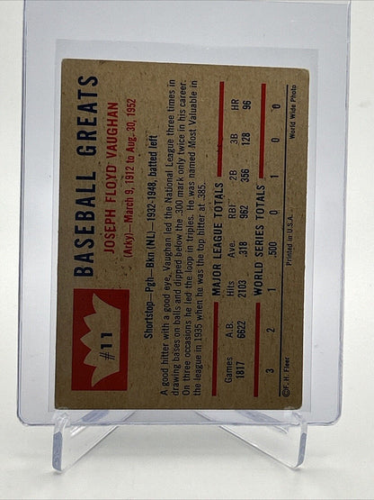 1960 Fleer Baseball Greats Arky Vaughan Card #11 VG Quality #3 FREE SHIPPING