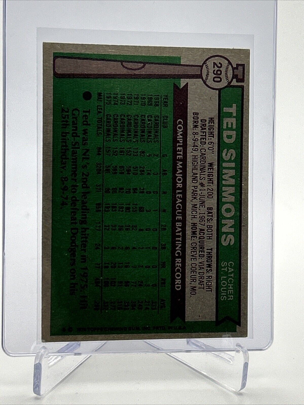 1976 Topps Ted Simmons Baseball Card #290 VG Quality #6 FREE SHIPPING