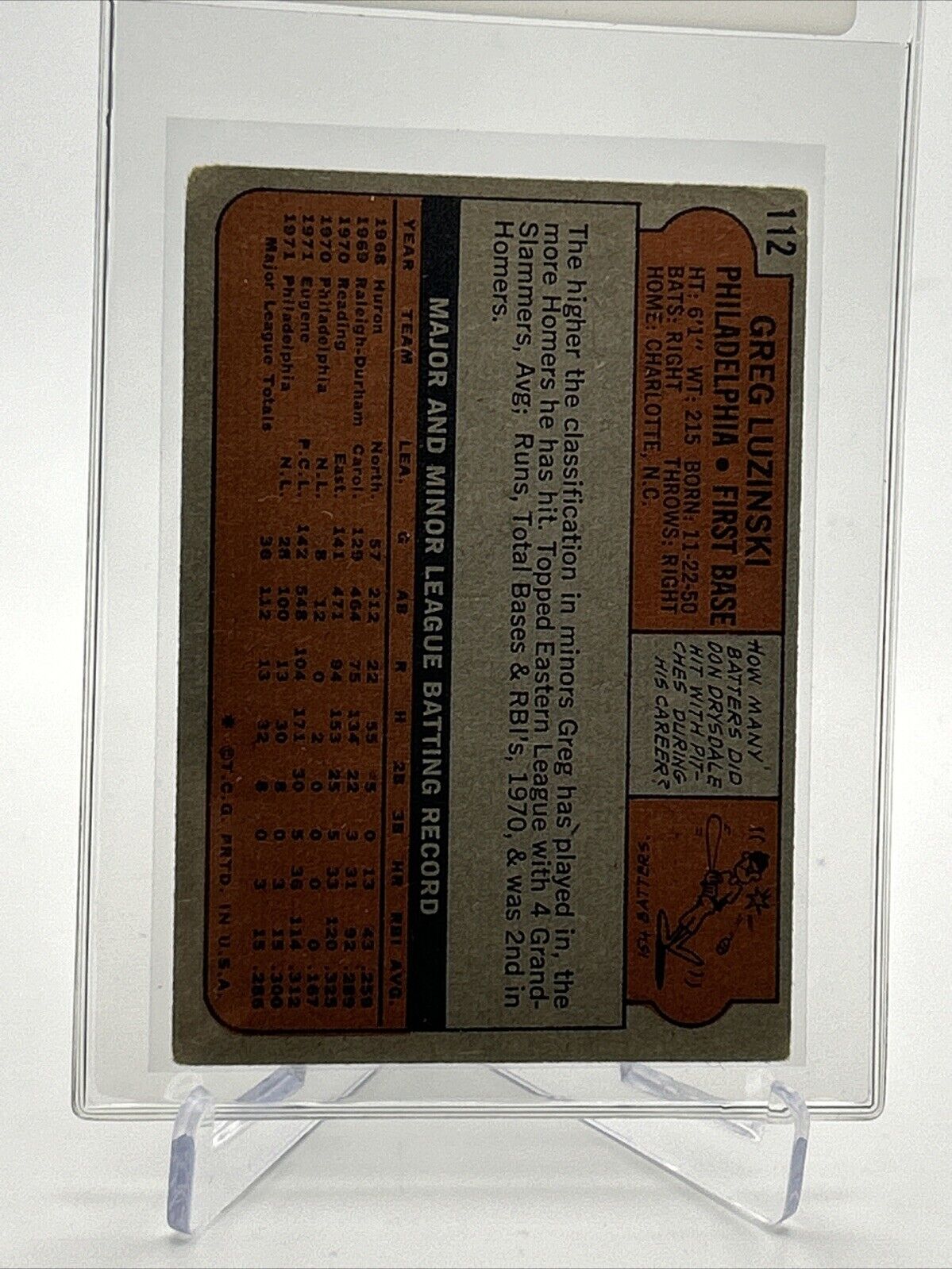 1972 Topps Greg Luzinski Baseball Card #112 VG Quality #3 FREE SHIPPING