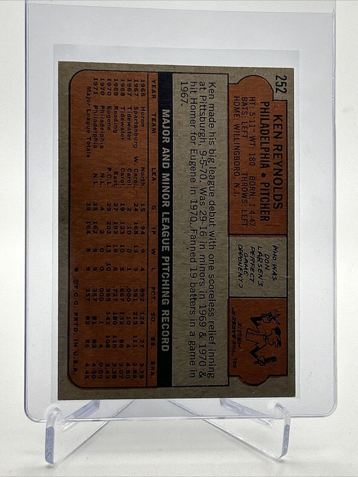 1972 Topps Ken Reynolds Baseball Card #252 EX Quality #2 FREE SHIPPING