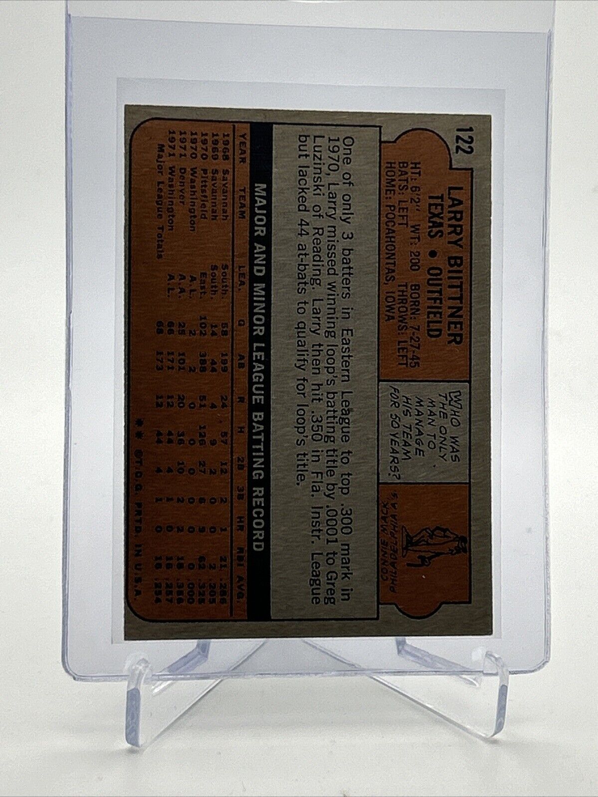 1972 Topps Larry Biittner Rookie Baseball Card #122 VG-EX #2 FREE SHIPPING