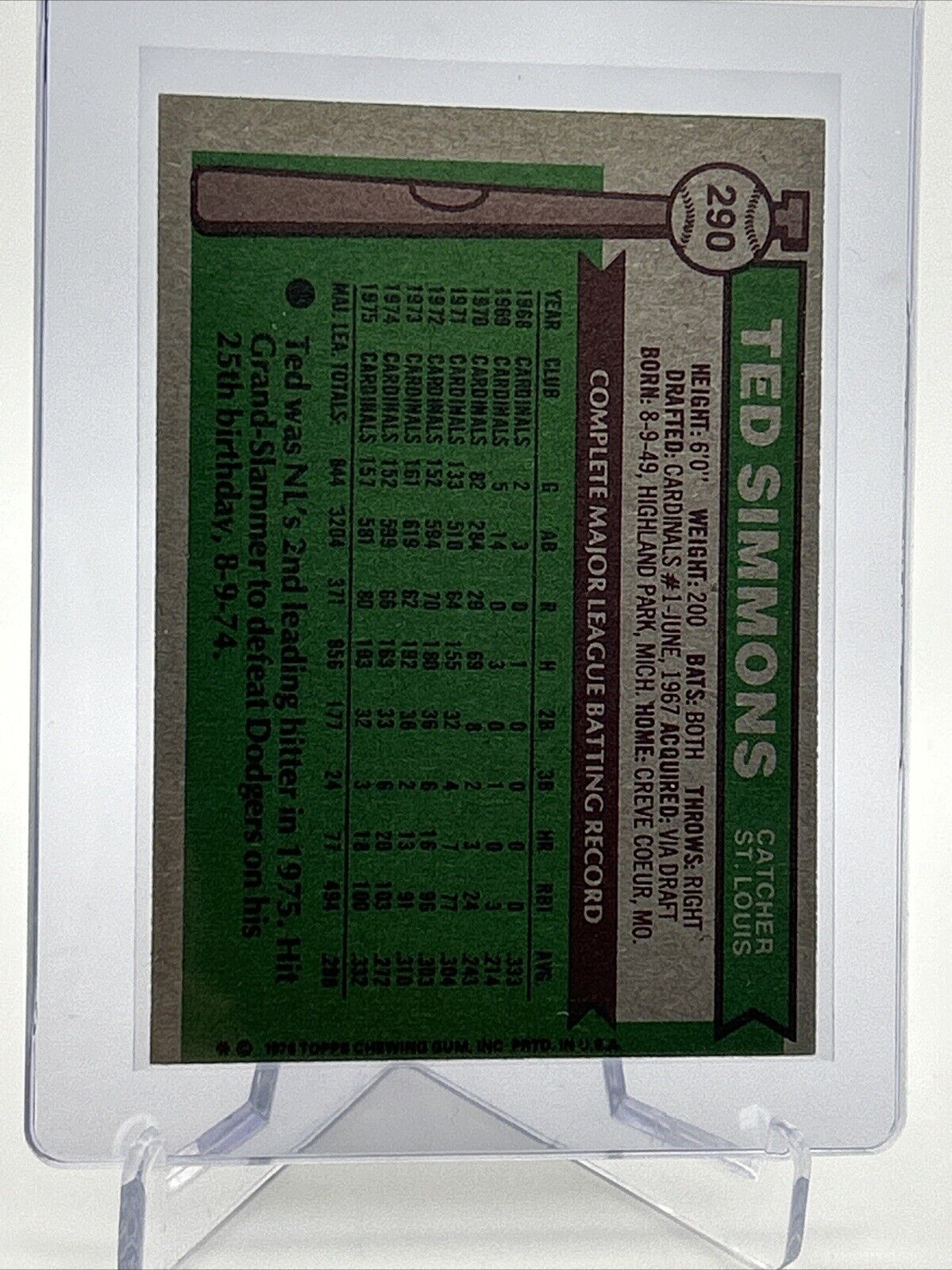 1976 Topps Ted Simmons Baseball Card #290 EX Quality #4 FREE SHIPPING
