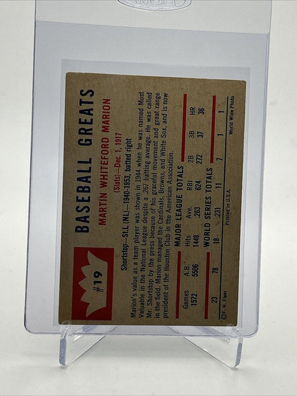 1960 Fleer Baseball Greats Marty Marion Card #19 VG Quality #3 FREE SHIPPING