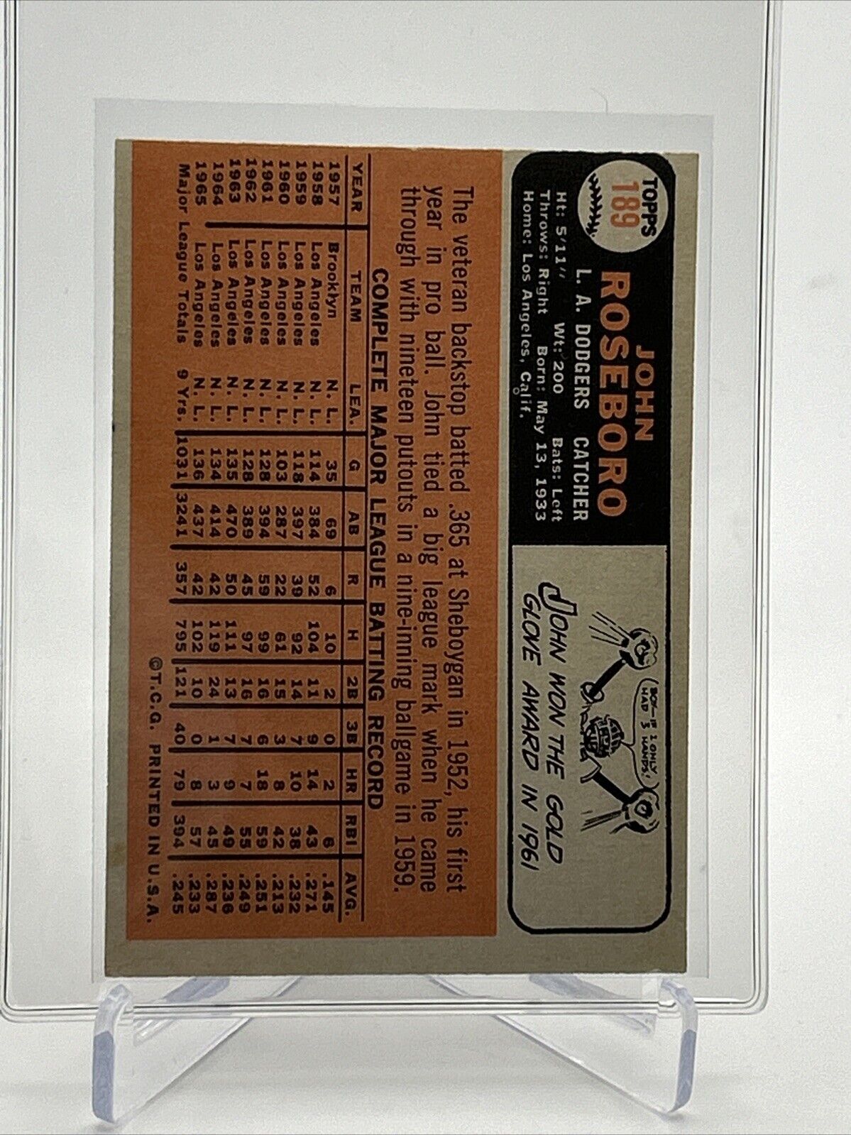 1966 Topps John Roseboro Baseball Card #189 VG Quality #2 FREE SHIPPING