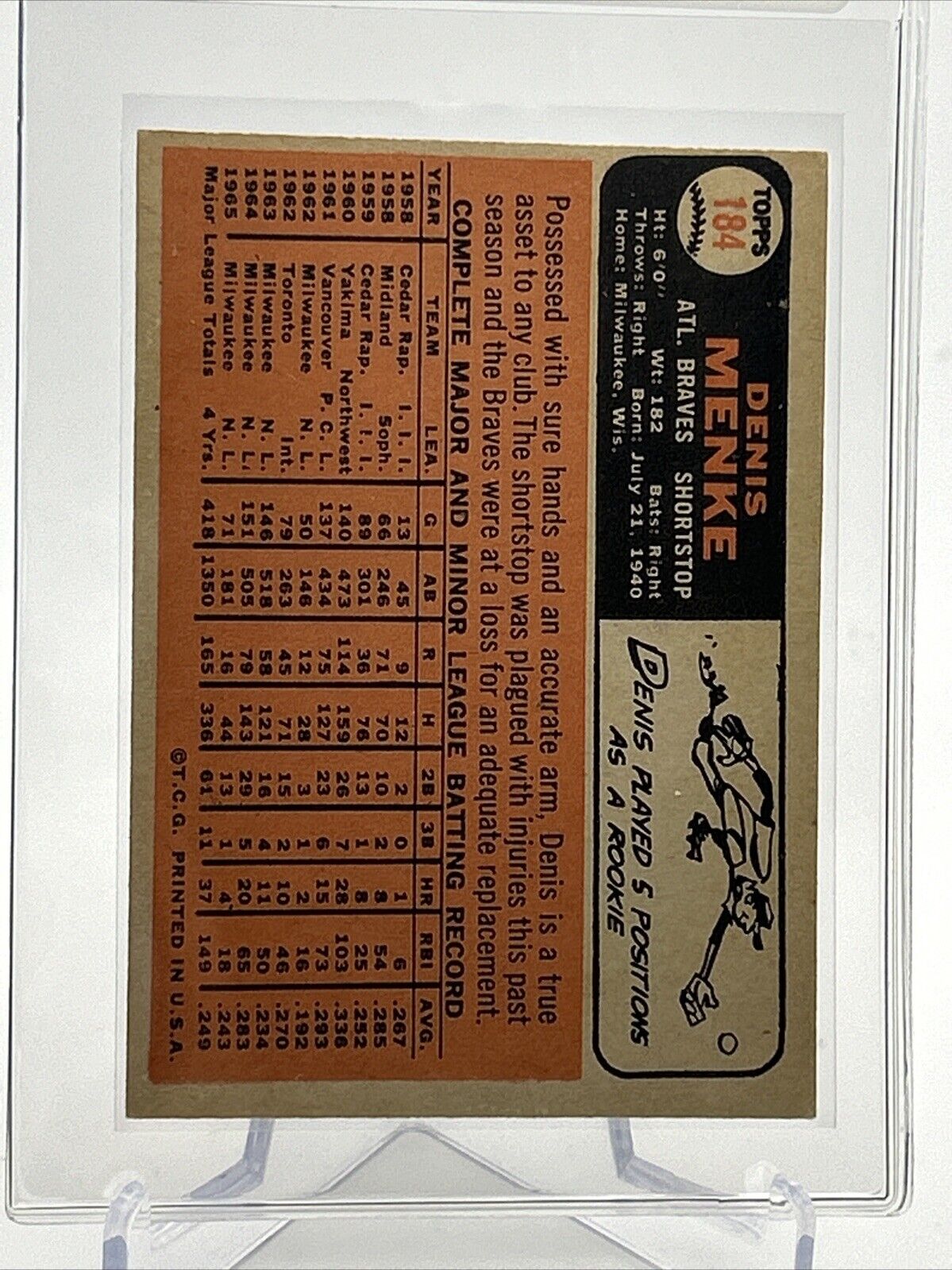 1966 Topps Denis Menke Baseball Card #184 VG Quality #3 FREE SHIPPING