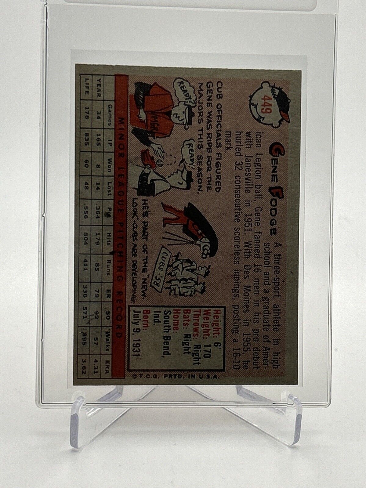 1958 Topps Gene Fodge Rookie Baseball Card #449 EX-MT Quality #3 FREE SHIPPING