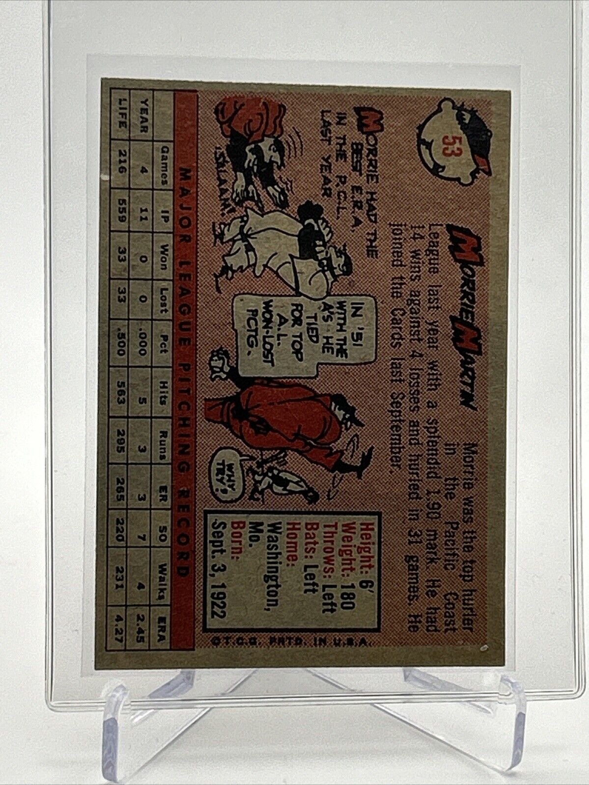 1958 Topps Morrie Martin Baseball Card #53 EX-MT Quality #3 FREE SHIPPING