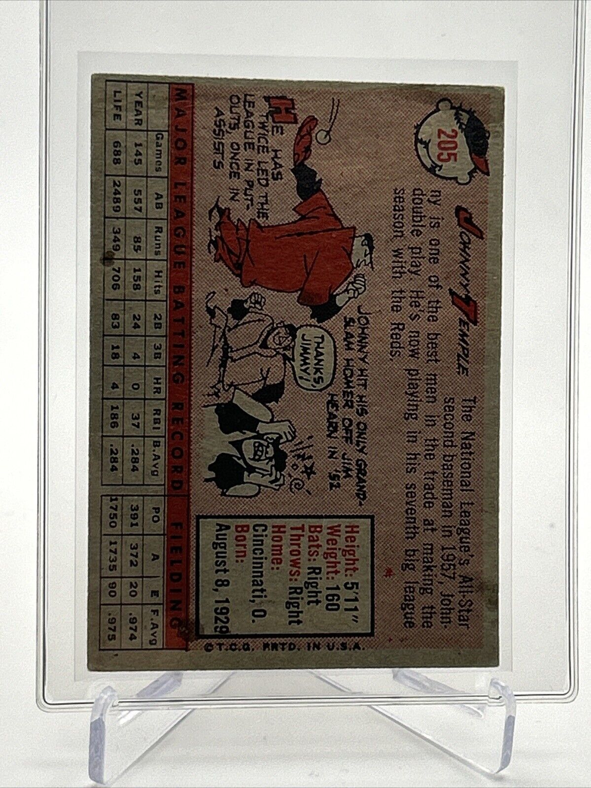 1958 Topps Johnny Temple Baseball Card #205 EX-MT Quality #2 FREE SHIPPING