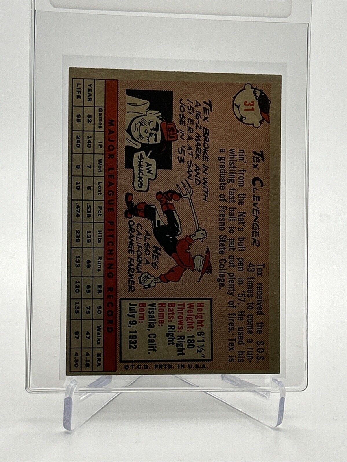 1958 Topps Tex Clevenger Rookie Baseball Card #31 EX-MT Quality #2 FREE SHIPPING