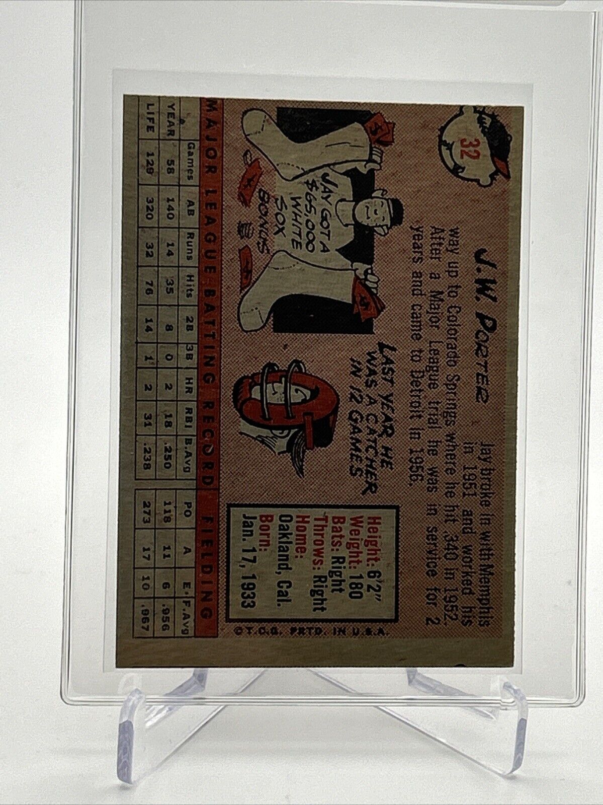 1958 Topps J.W. Porter Baseball Card #32 EX-MT Quality #3 FREE SHIPPING