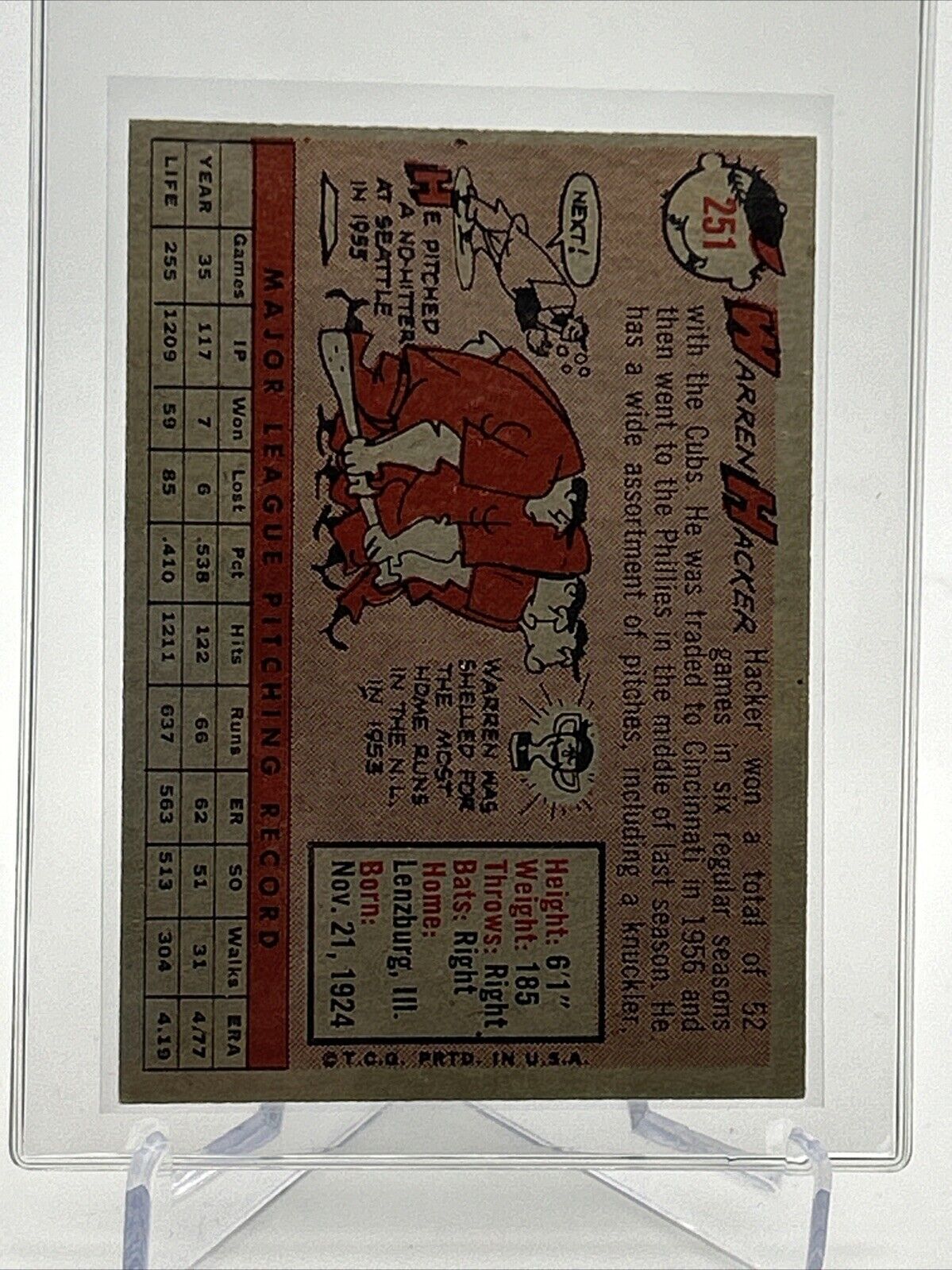 1958 Topps Warren Hacker Baseball Card #251 EX-MT Quality FREE SHIPPING