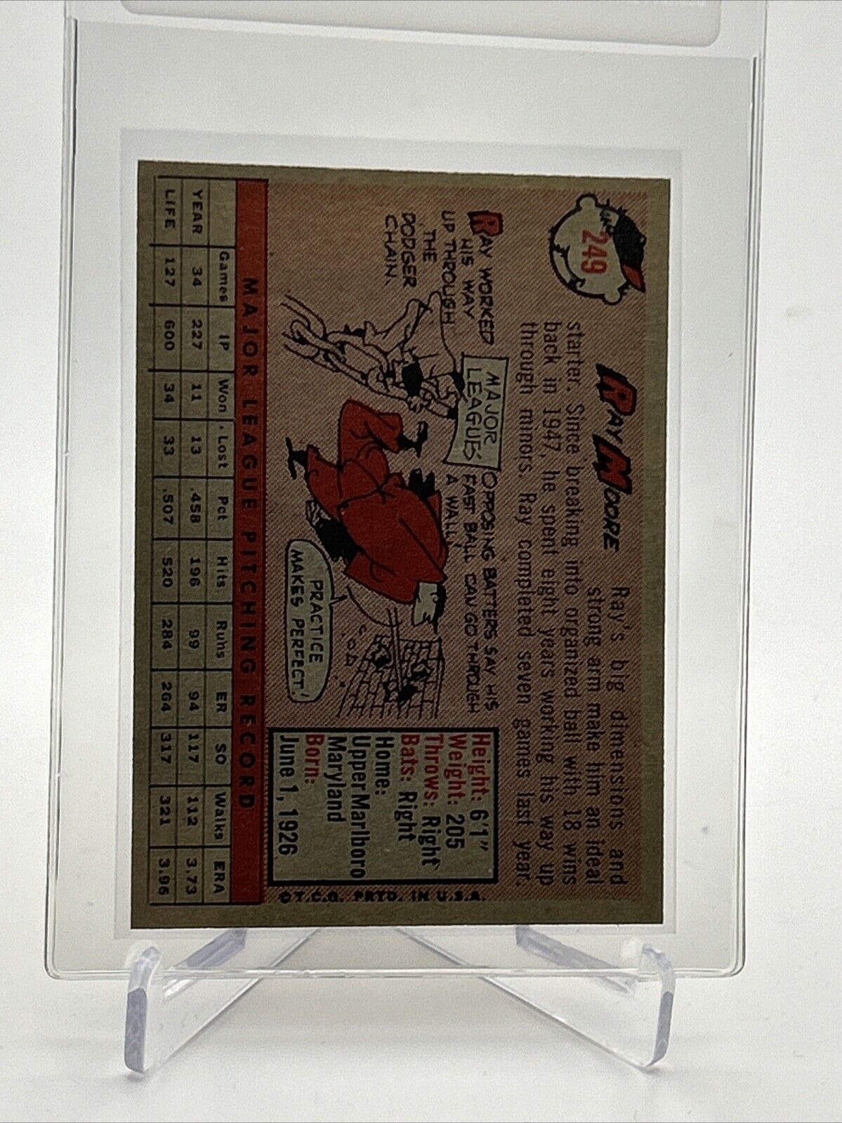 1958 Topps Ray Moore Baseball Card #249 EX-MT Quality #2 FREE SHIPPING