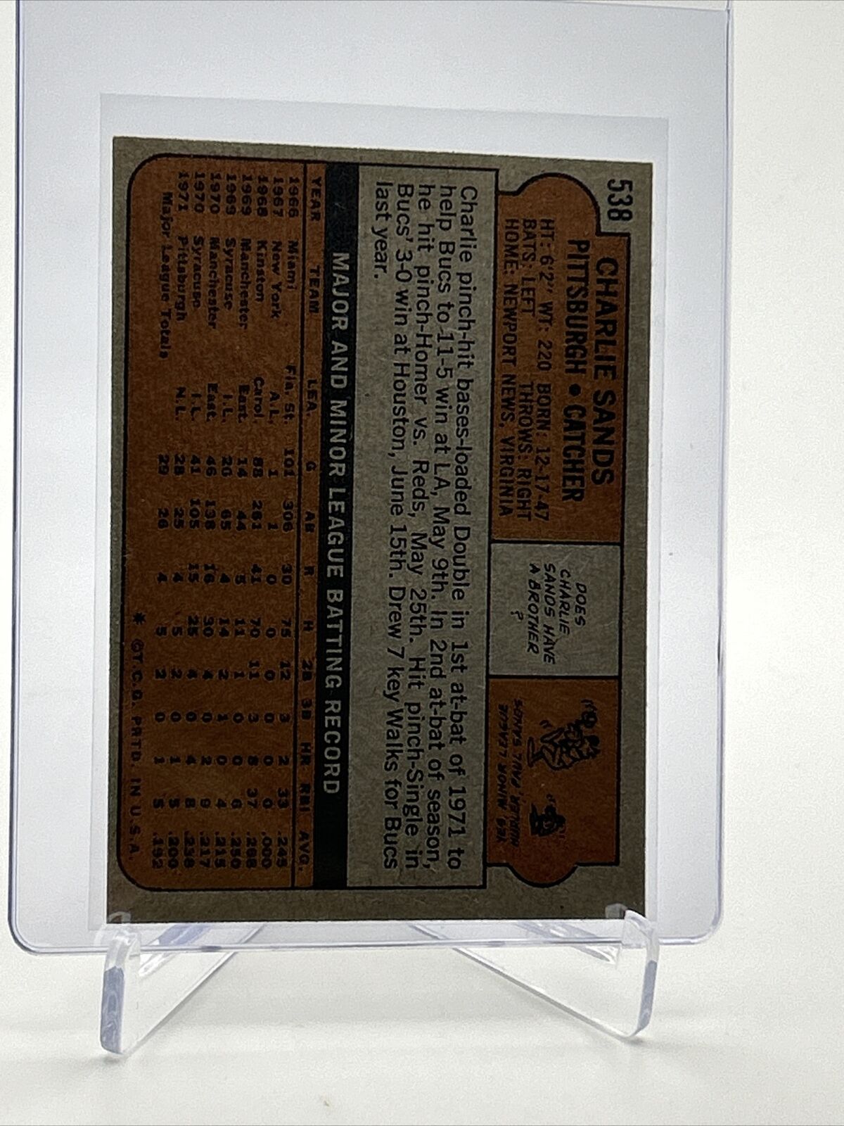 1972 Topps Charlie Sands Rookie Baseball Card #538 EX Quality FREE SHIPPING