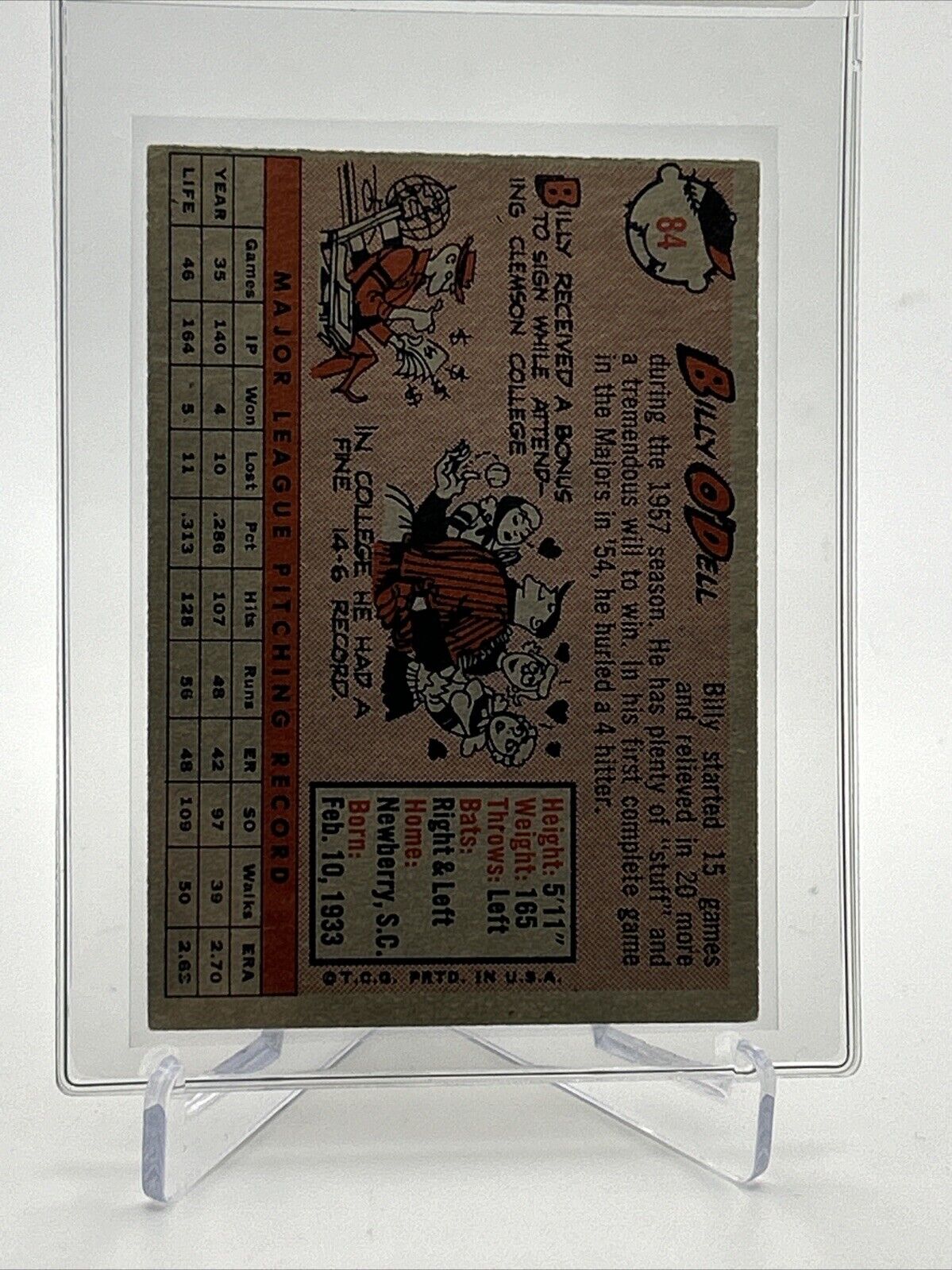 1958 Topps Billy O'Dell Baseball Card #84 EX-MT Quality FREE SHIPPING