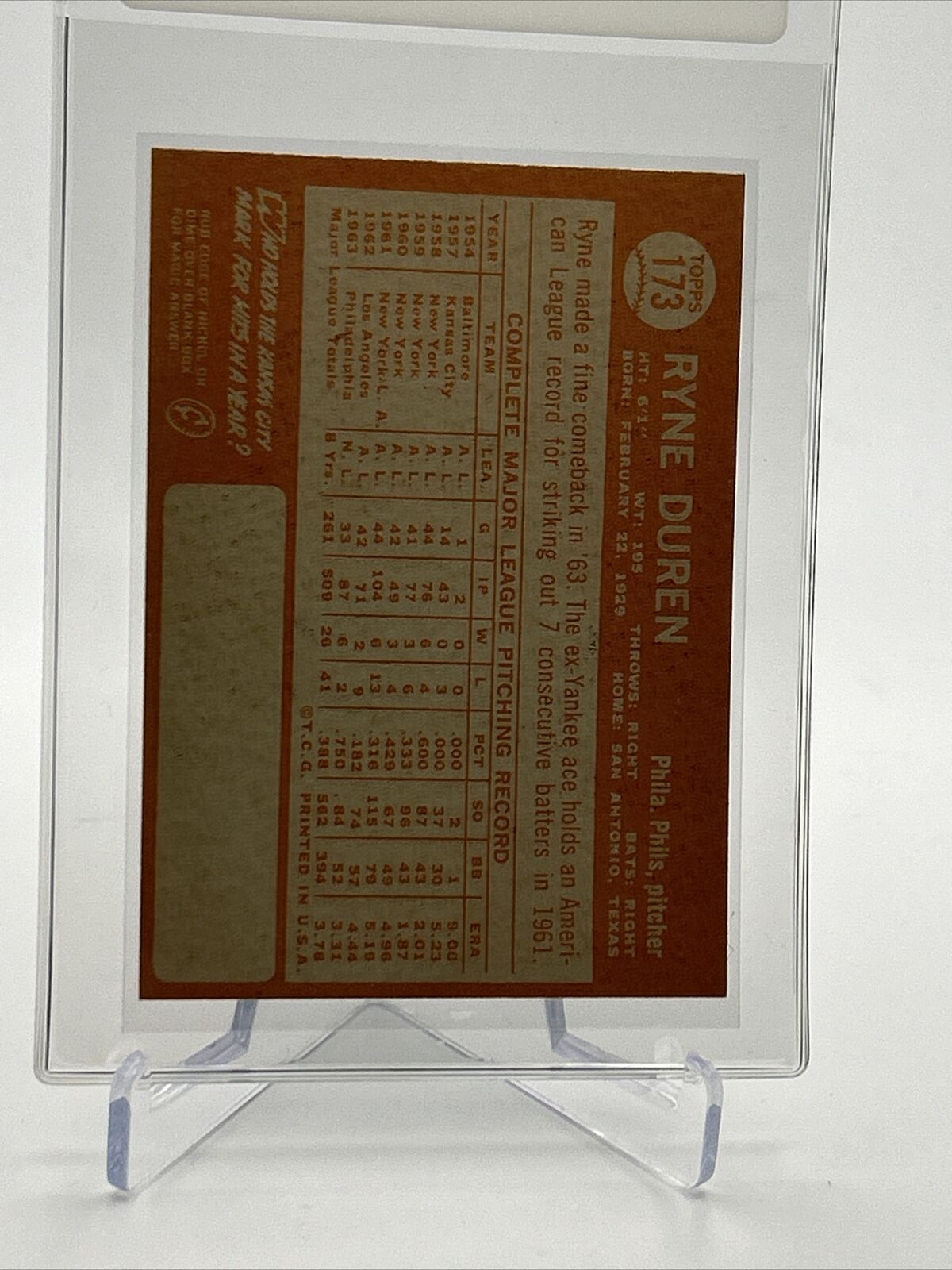 1964 Topps Ryne Duren Baseball Card #173 EX Quality FREE SHIPPING