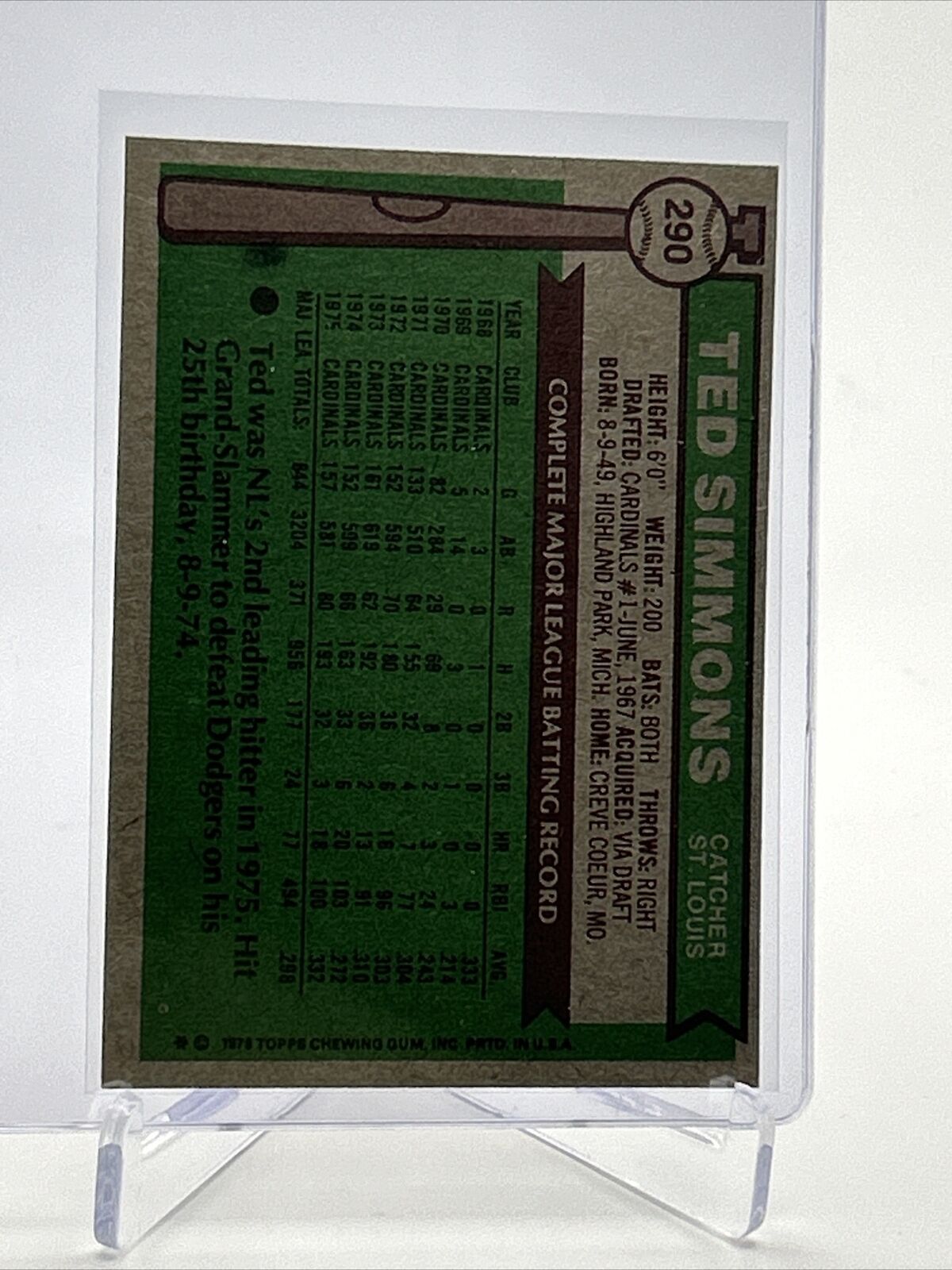 1976 Topps Ted Simmons Baseball Card #290 VG-EX Quality FREE SHIPPING