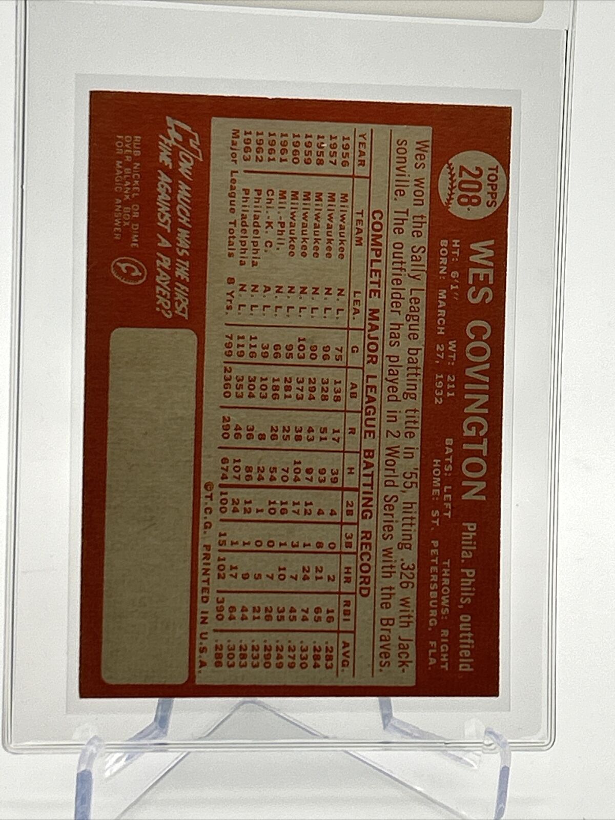 1964 Topps Wes Covington Baseball Card #208 EX Quality FREE SHIPPING