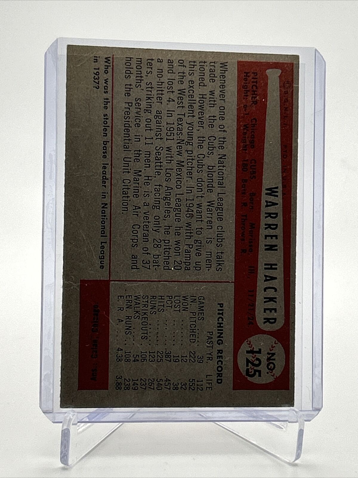 1954 Bowman Warren Hacker Baseball Card #125 EX Quality FREE SHIPPING