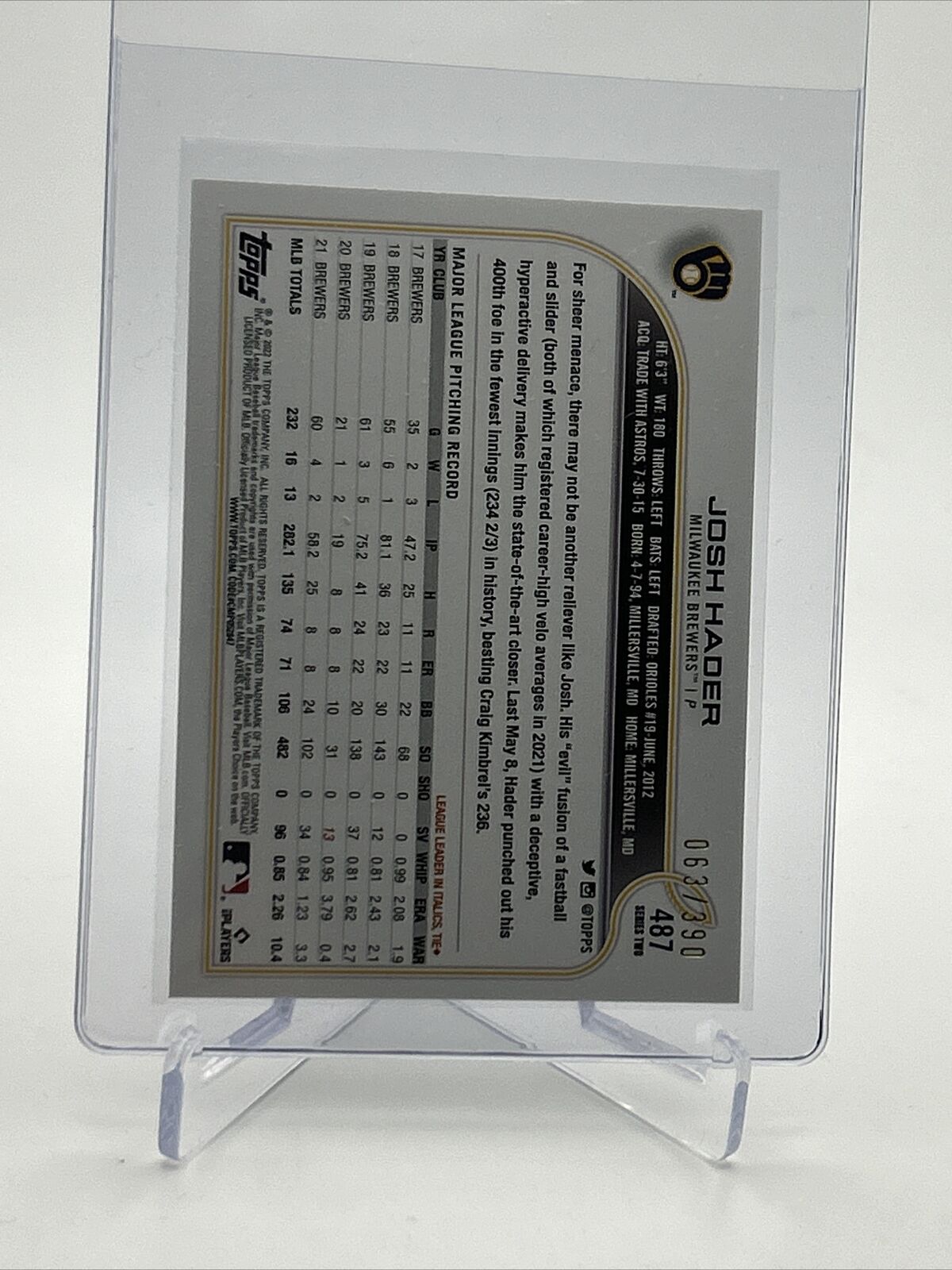 2022 Topps HOBBY FOILBOARD Josh Hader Card #487 /390 FREE SHIPPING