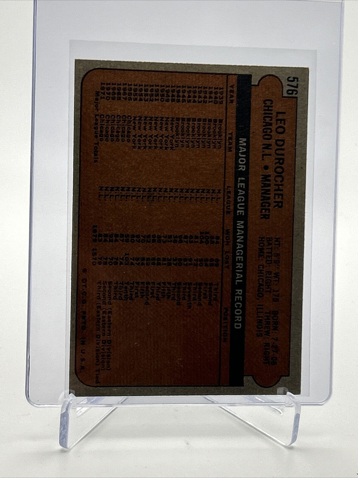 1972 Topps Leo Durocher Baseball Card #576 VG-EX Quality FREE SHIPPING