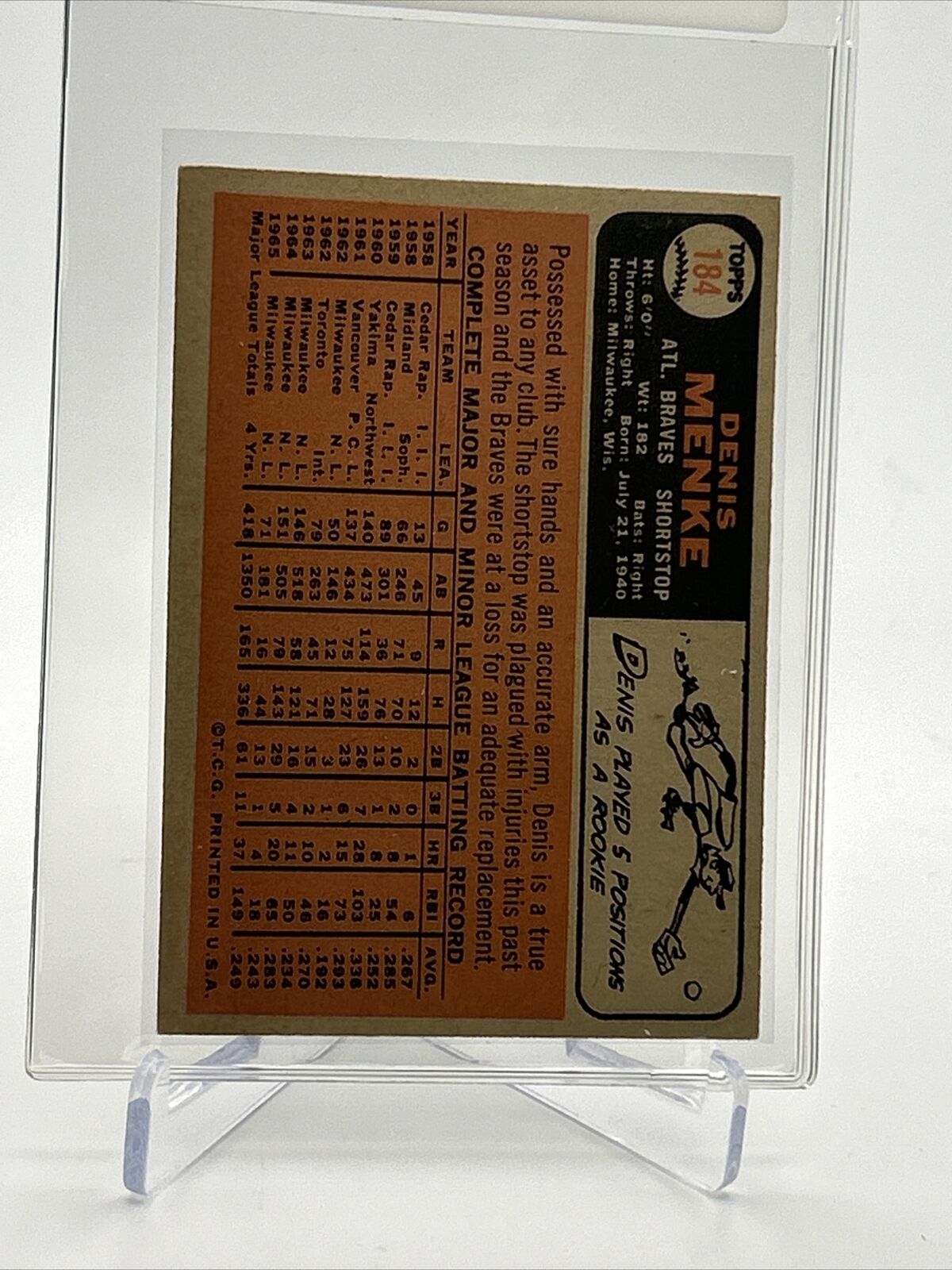 1966 Topps Denis Menke Baseball Card #184 VG Quality FREE SHIPPING
