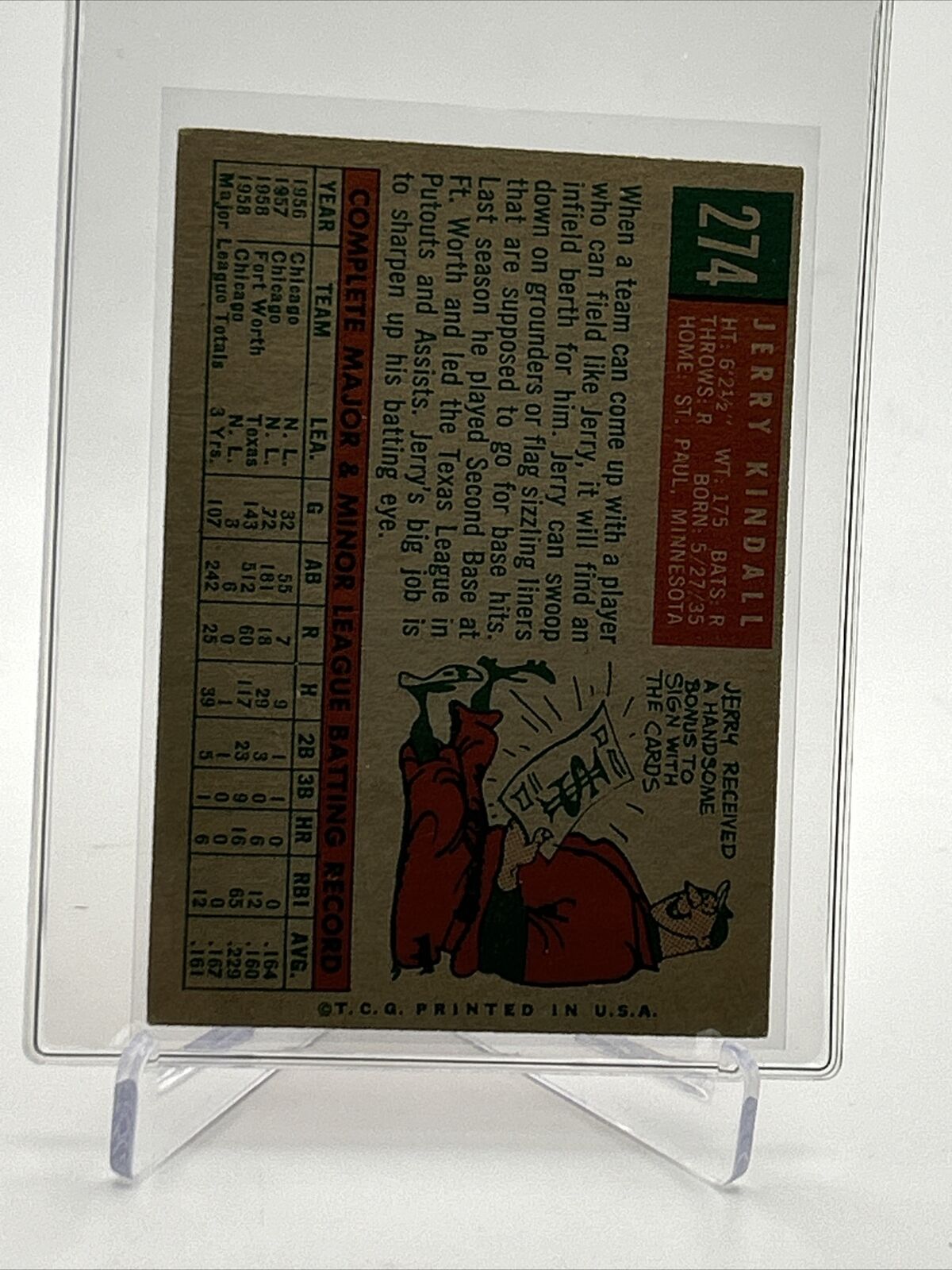 1959 Topps Jerry Kindall Grey Back Baseball Card #274 EX Quality FREE SHIPPING