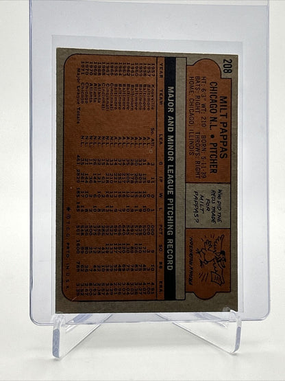1972 Topps Milt Pappas Baseball Card #208 VG-EX Quality FREE SHIPPING