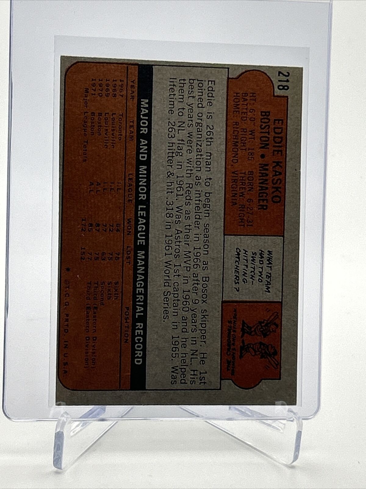 1972 Topps Eddie Kasko Baseball Card #218 VG-EX Quality FREE SHIPPING