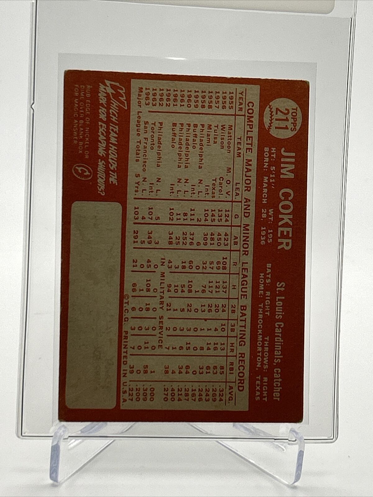 1964 Topps Jim Coker Baseball Card #211 VG Quality FREE SHIPPING
