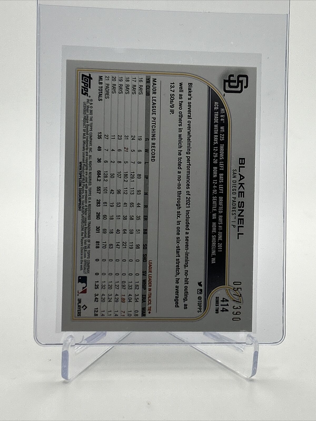 2022 Topps HOBBY FOILBOARD Blake Snell Baseball Card #414 /390 FREE SHIPPING