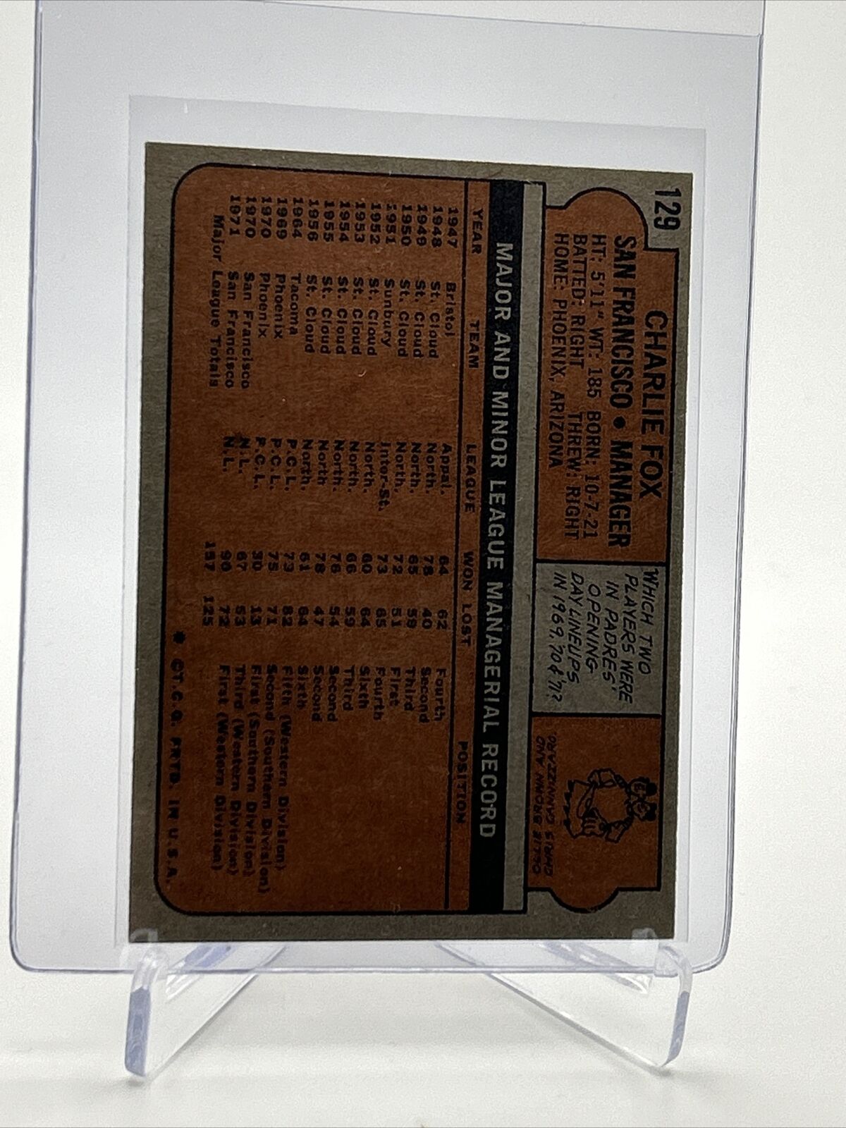 1972 Topps Charlie Fox Baseball Card #129 VG-EX Quality FREE SHIPPING