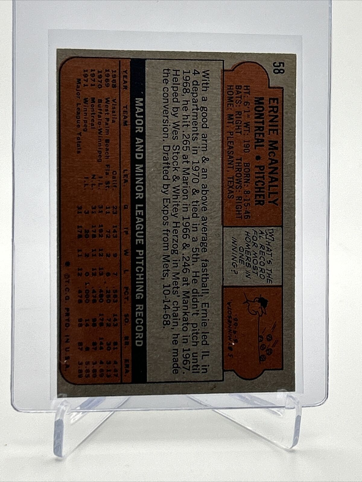 1972 Topps Ernie McAnally Baseball Card #58 VG-EX Quality FREE SHIPPING