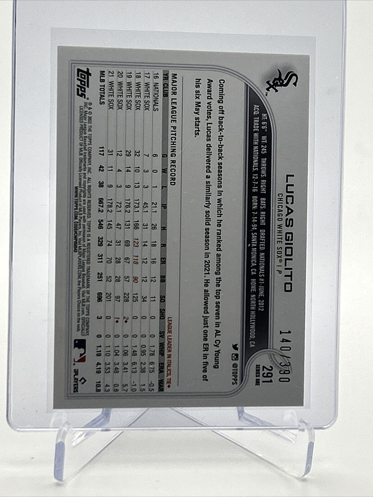 2022 Topps HOBBY FOILBOARD Lucas Giolito Baseball Card #291 /390 FREE SHIPPING