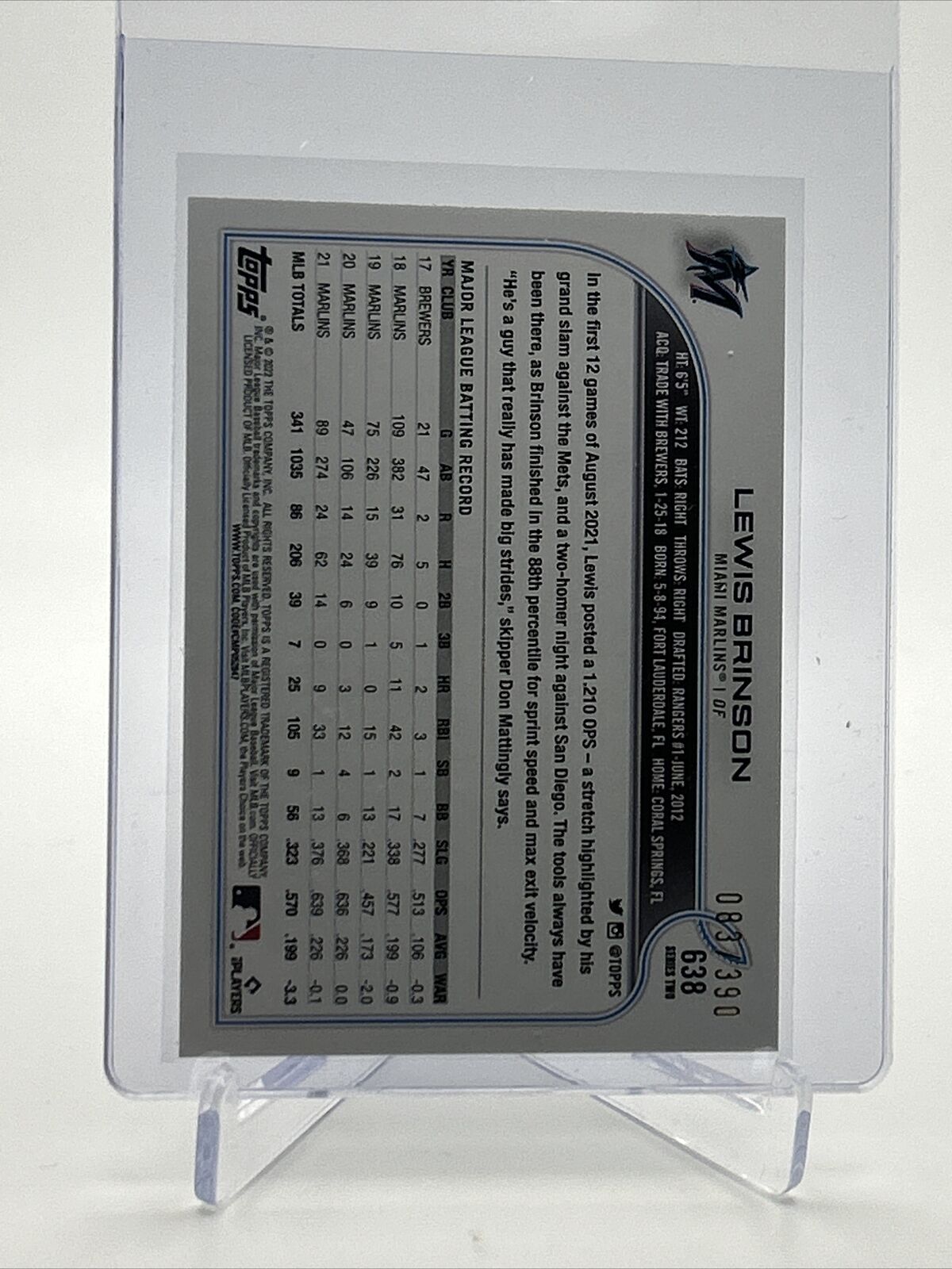 2022 Topps HOBBY FOILBOARD Lewis Brinson Card #638 /390 FREE SHIPPING