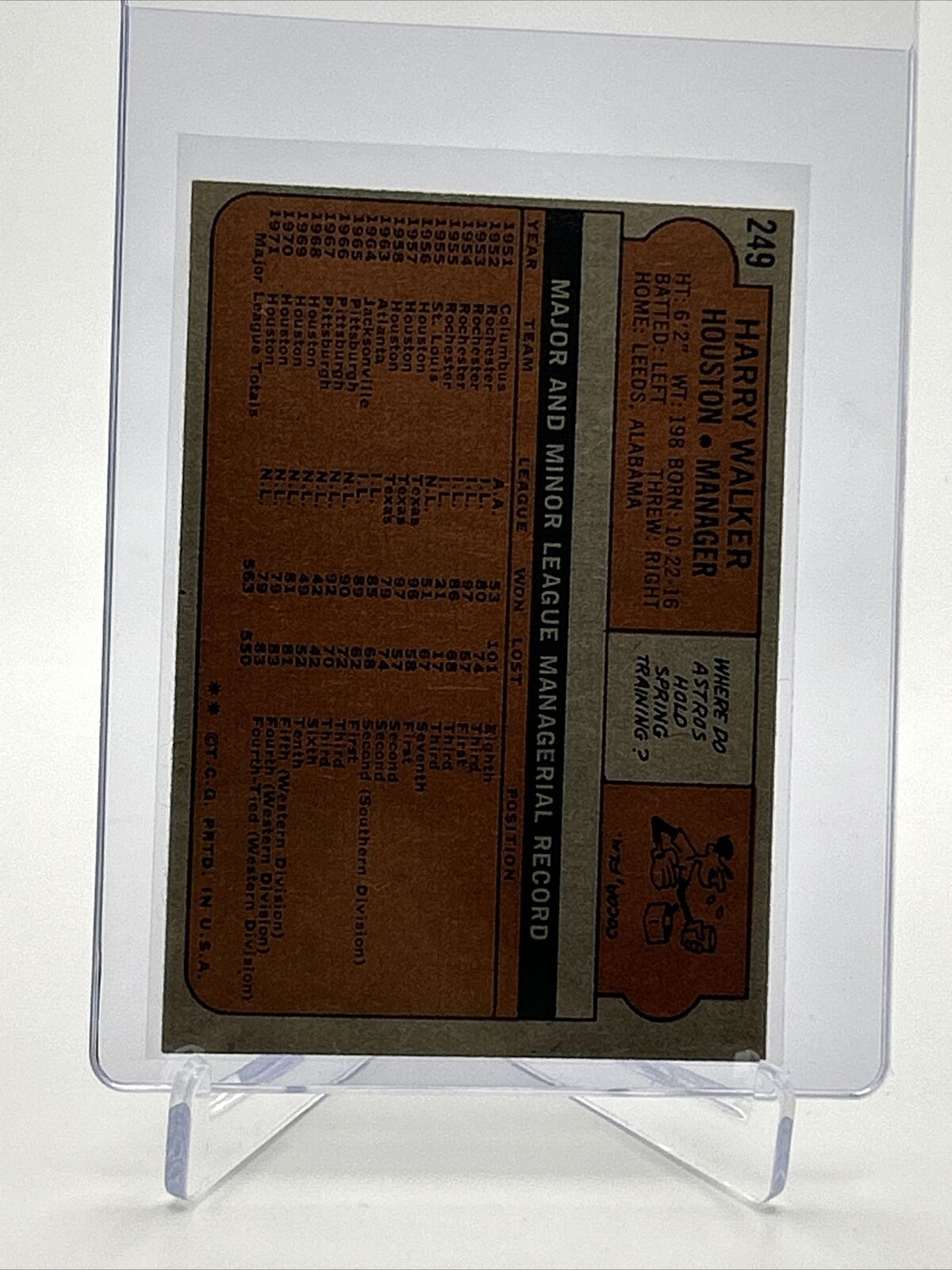 1972 Topps Harry Walker Baseball Card #249 EX Quality FREE SHIPPING
